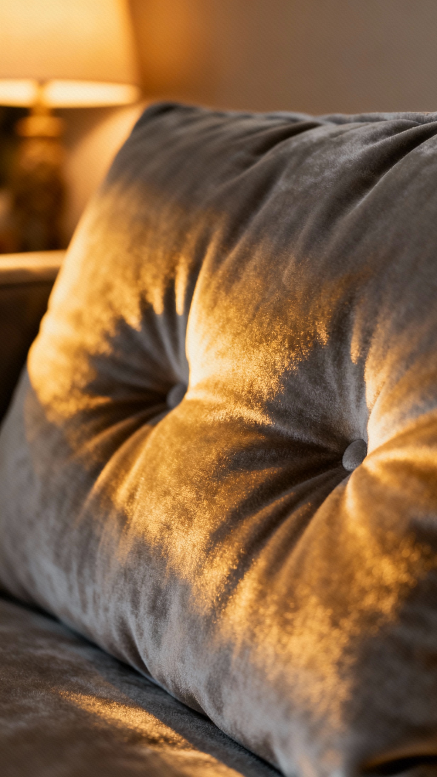 Closeup of warm couch cushion indentation, soft gray velvet, lamplight