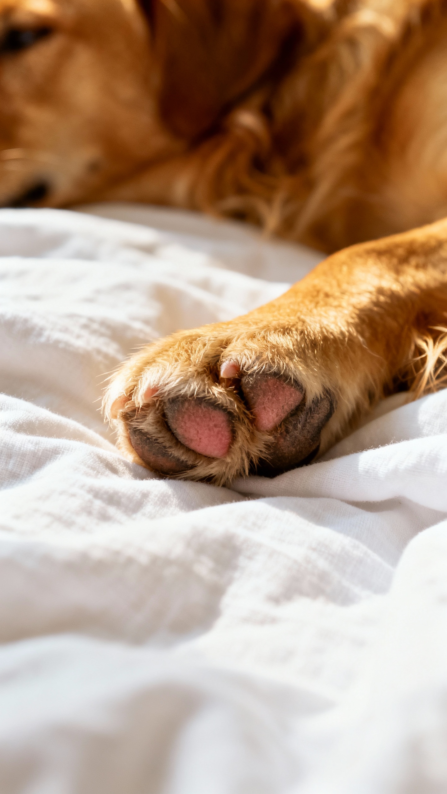Closeup of warm dog paw on white cotton sheets