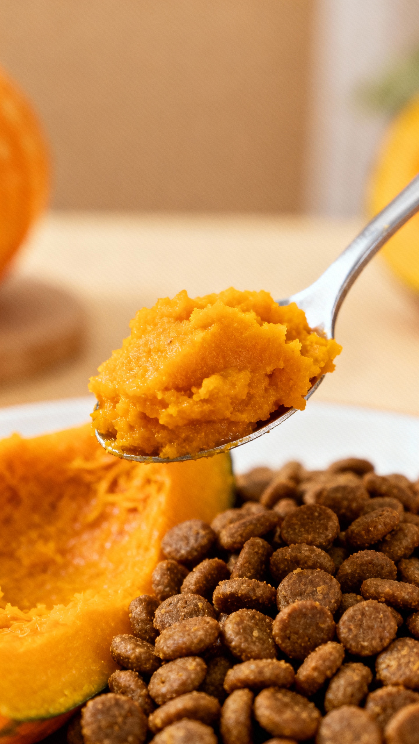 Closeup pumpkin spoonful beside kibble during food transition