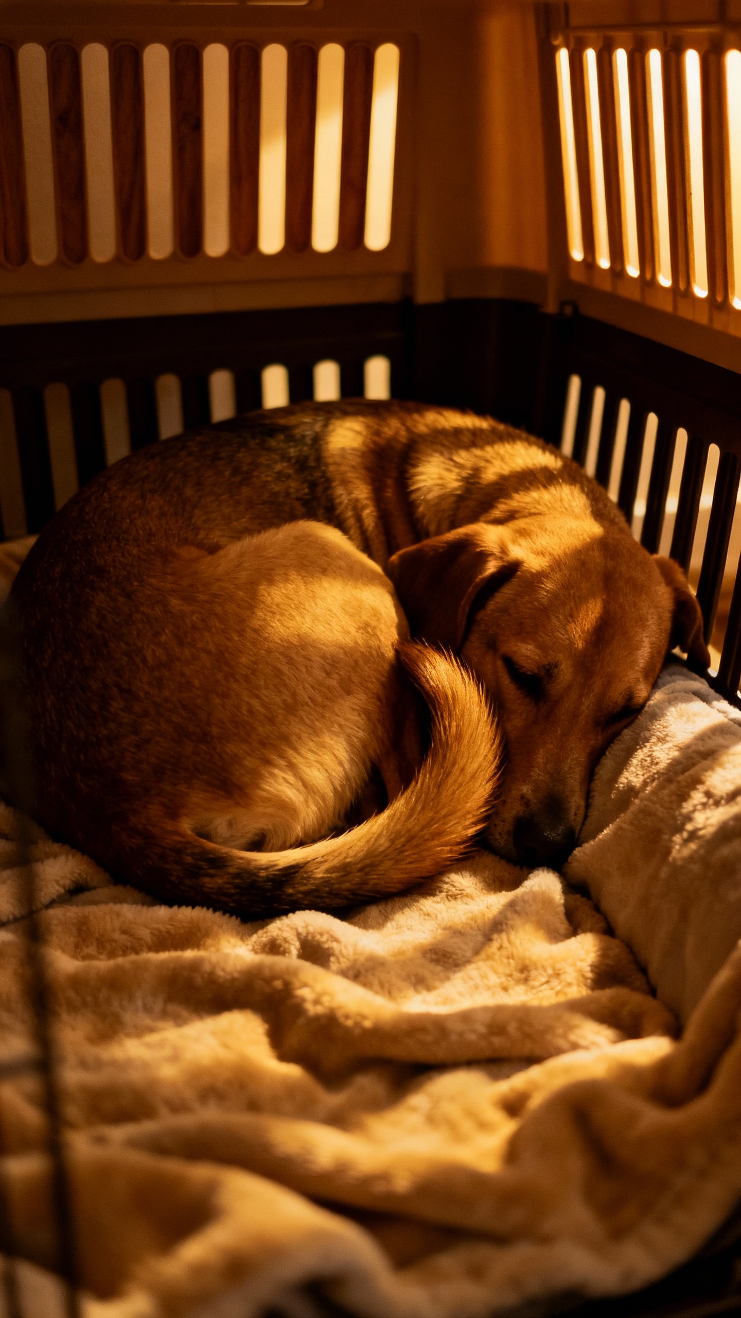 Cozy crate safe zone, dog curled on bed, low light, tucked tail