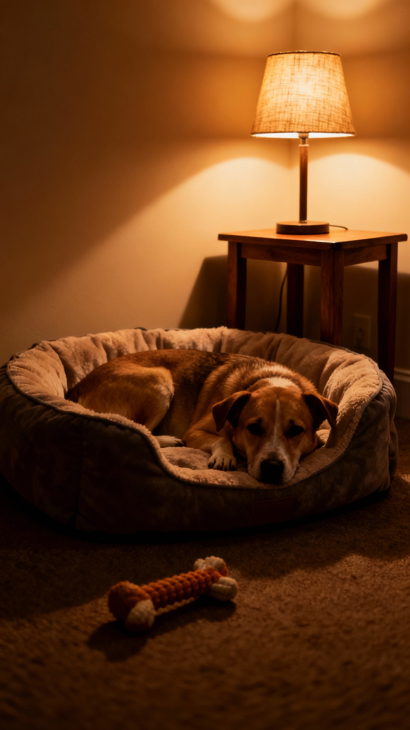 Cozy dog bed in quiet corner, dim lamp, chew toy nearby