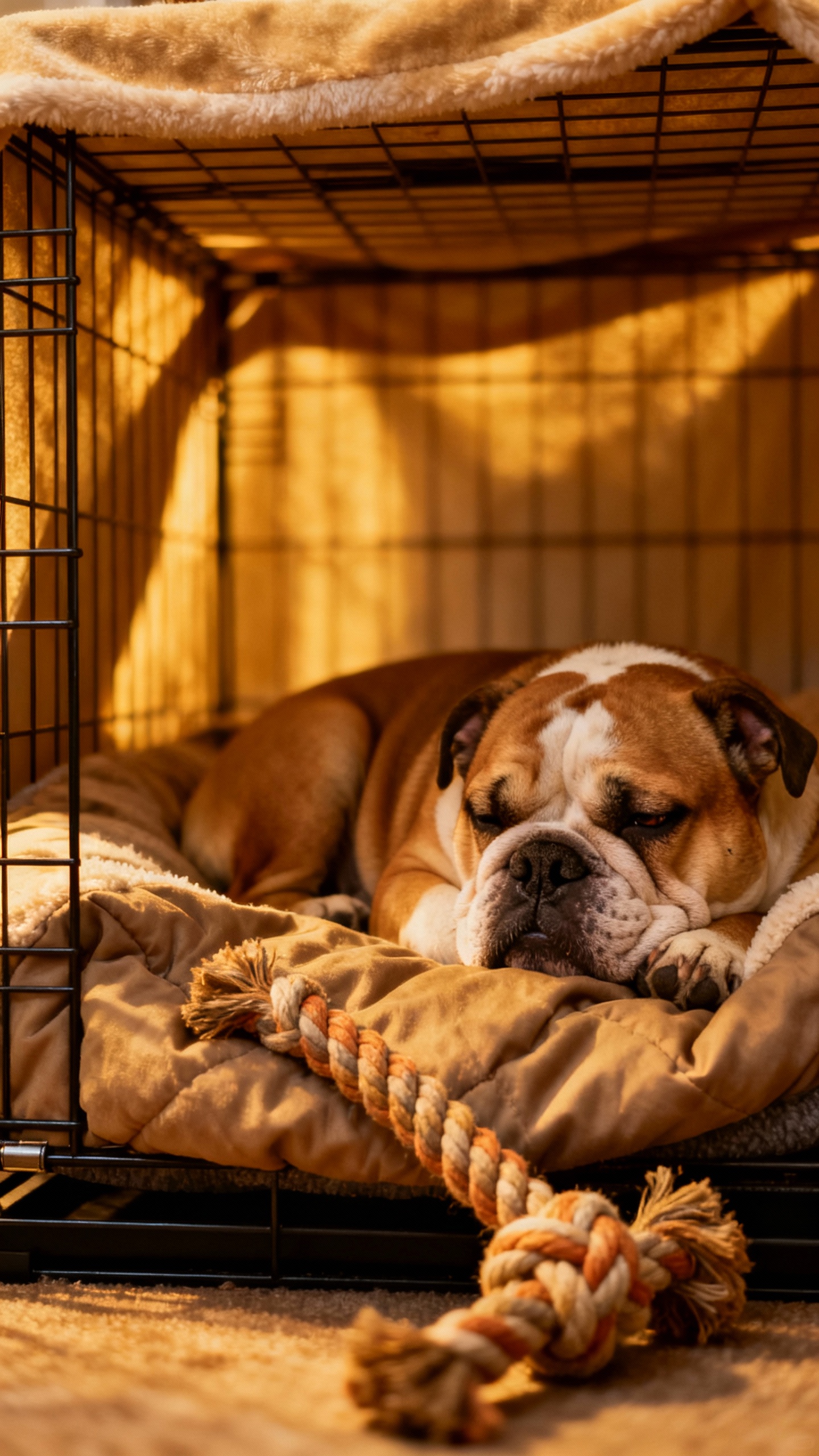 Crate interior shot: comfy bed, rope toy, covered top, sleepy bulldog