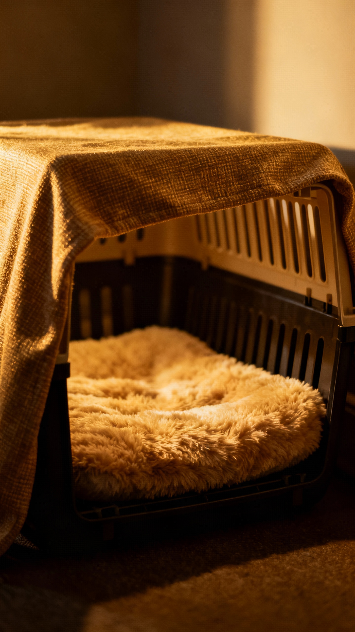 Detail shot of cozy covered crate with plush mat, dim corner lighting