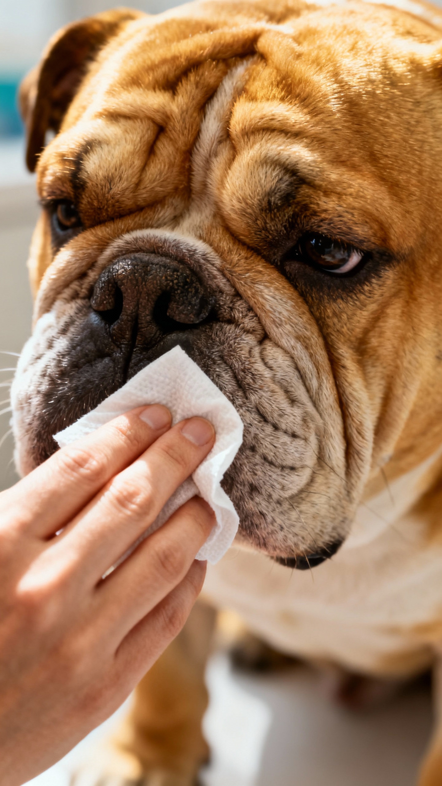 Detail shot of owner wiping bulldog face wrinkles with vet-approved wipe