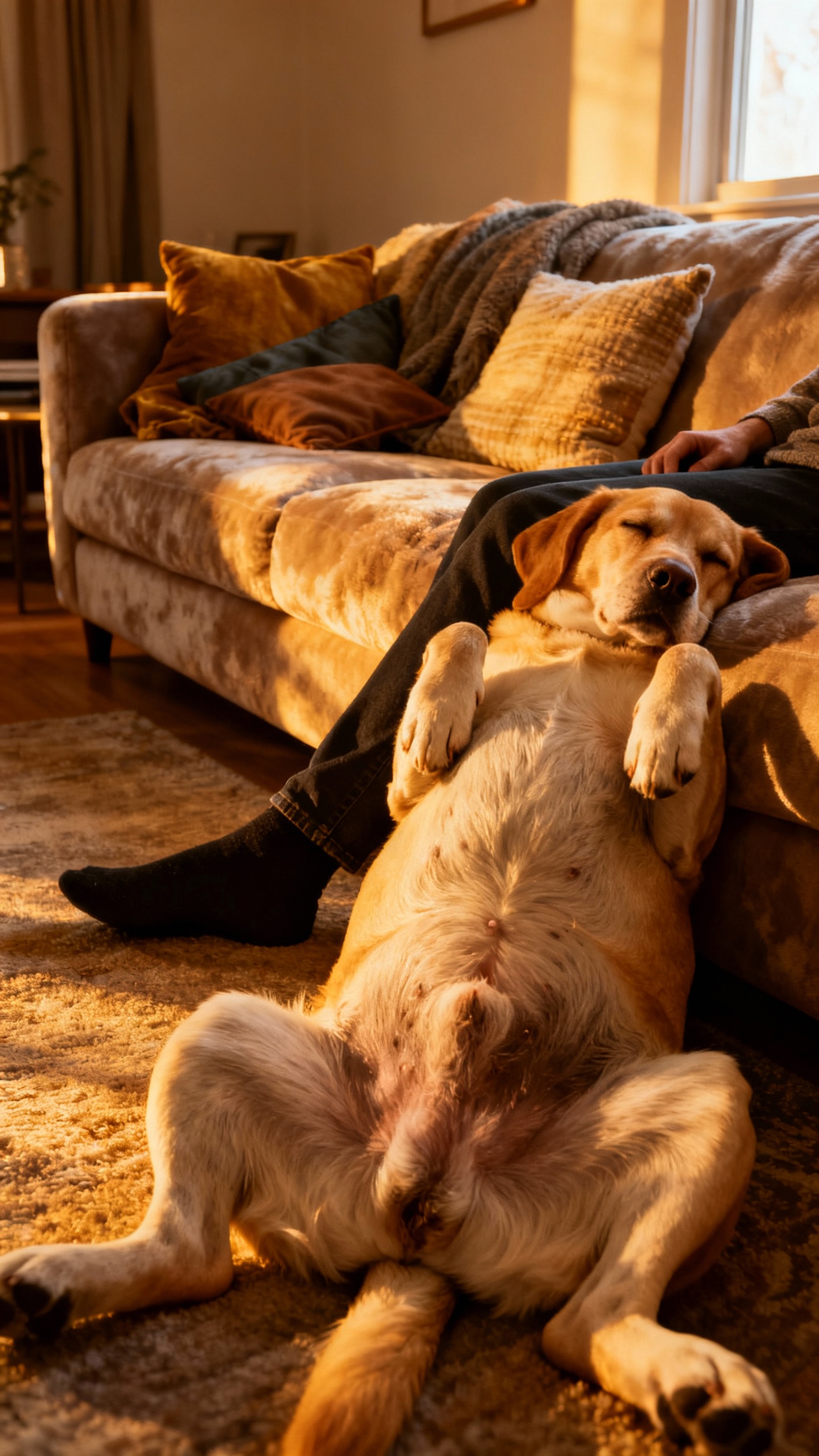Dog leaning on owner’s legs, cozy living room, exposed belly, floppy body