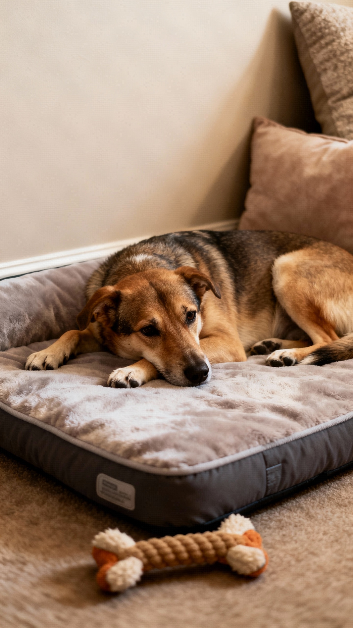 Dog settled on orthopedic bed, cozy corner, chew nearby