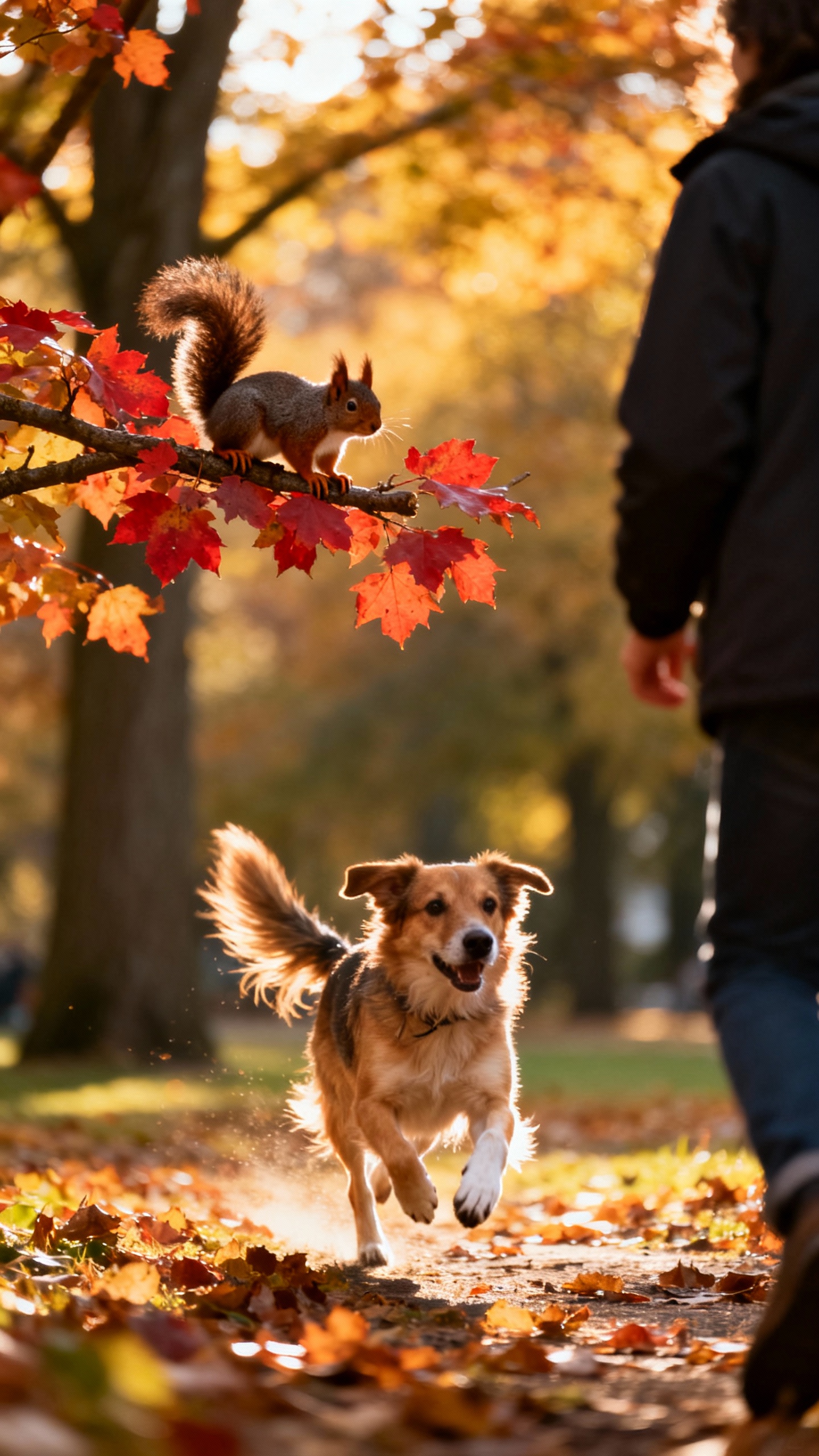 Dog sprinting toward owner after recall, squirrel in background, autumn park