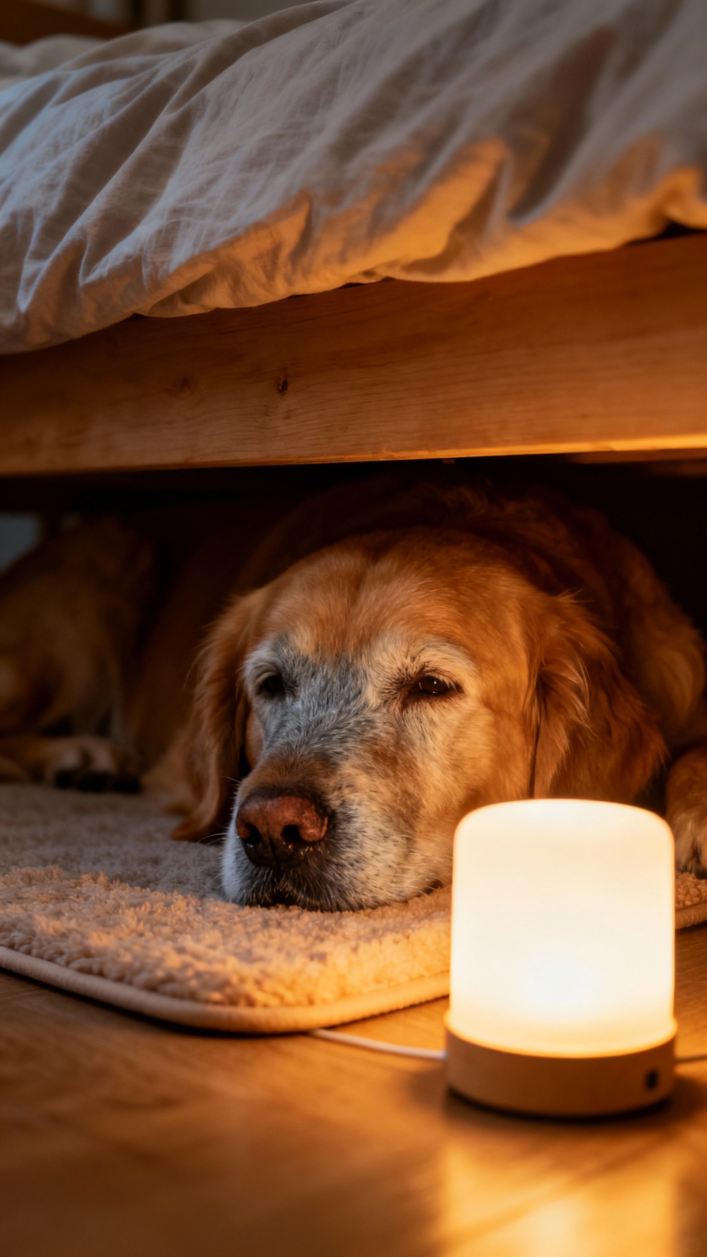 Elderly golden retriever hiding under bed, soft mat, nightlight glow