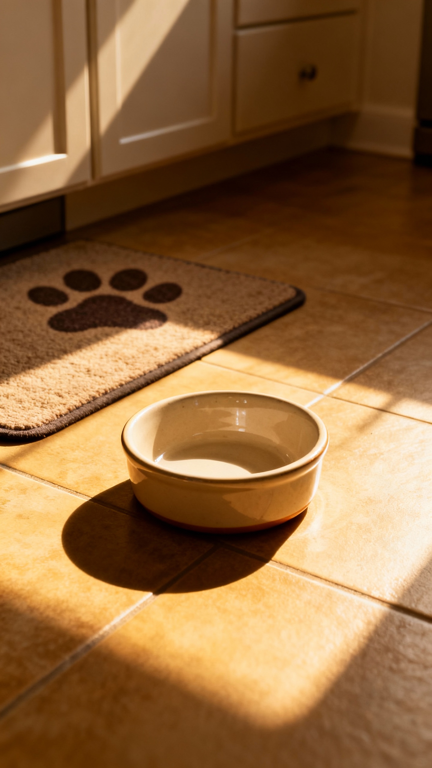 Empty ceramic dog bowl on kitchen floor, faint paw-print mat, morning shadows
