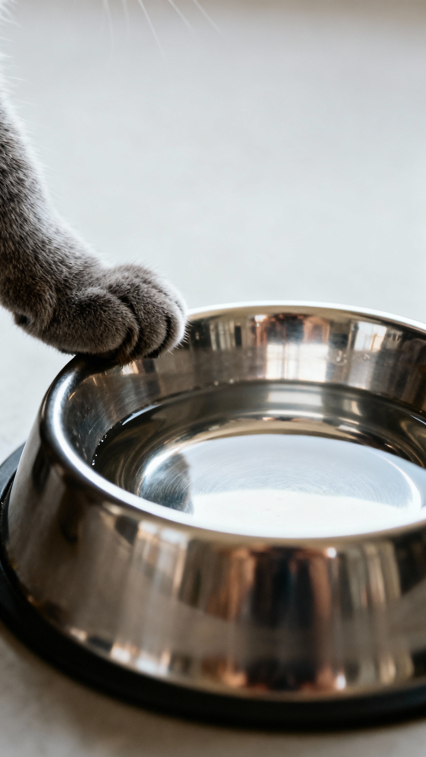 Empty stainless water bowl with paw nudging rim