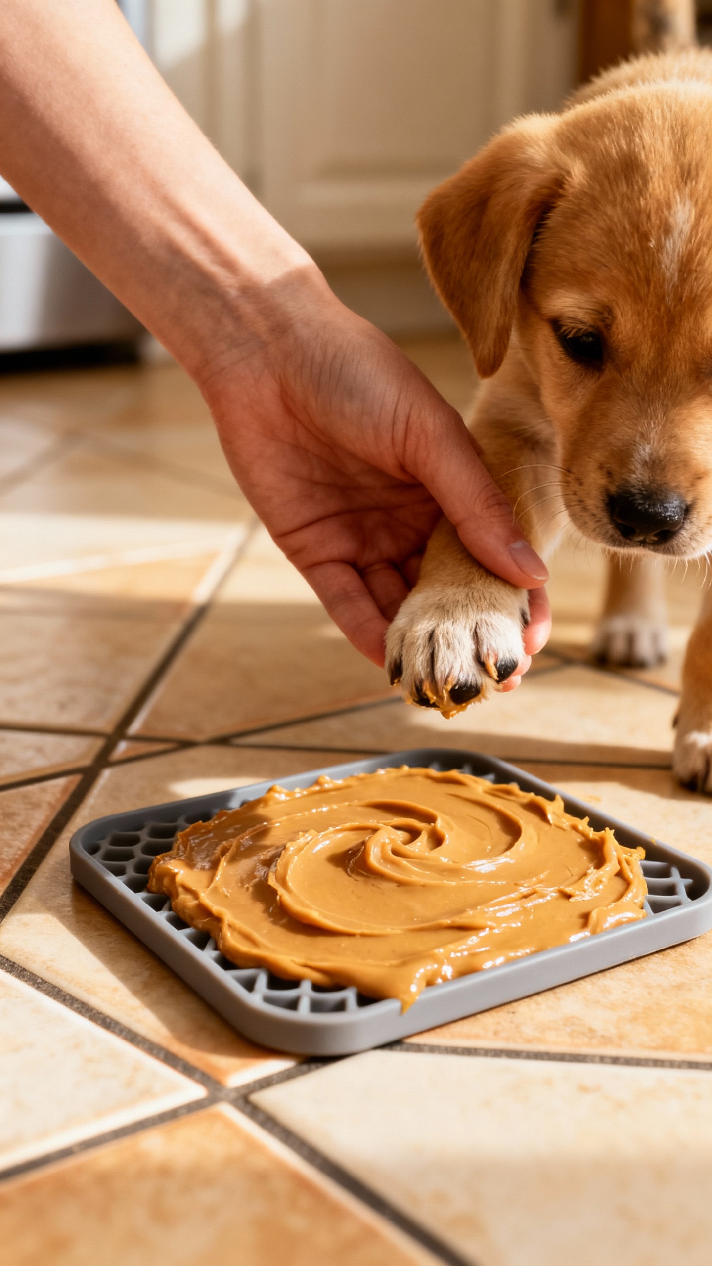 Female hand lifting puppy paw, peanut butter on lick mat, kitchen tile
