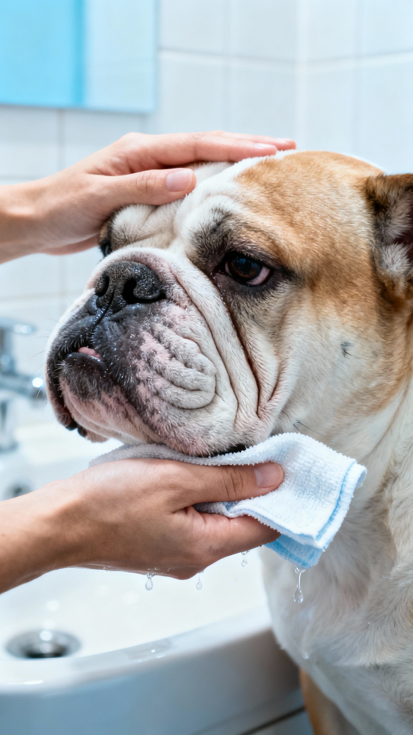 Female hands wiping bulldog facial wrinkles, damp cloth, drying folds, bright bathroom