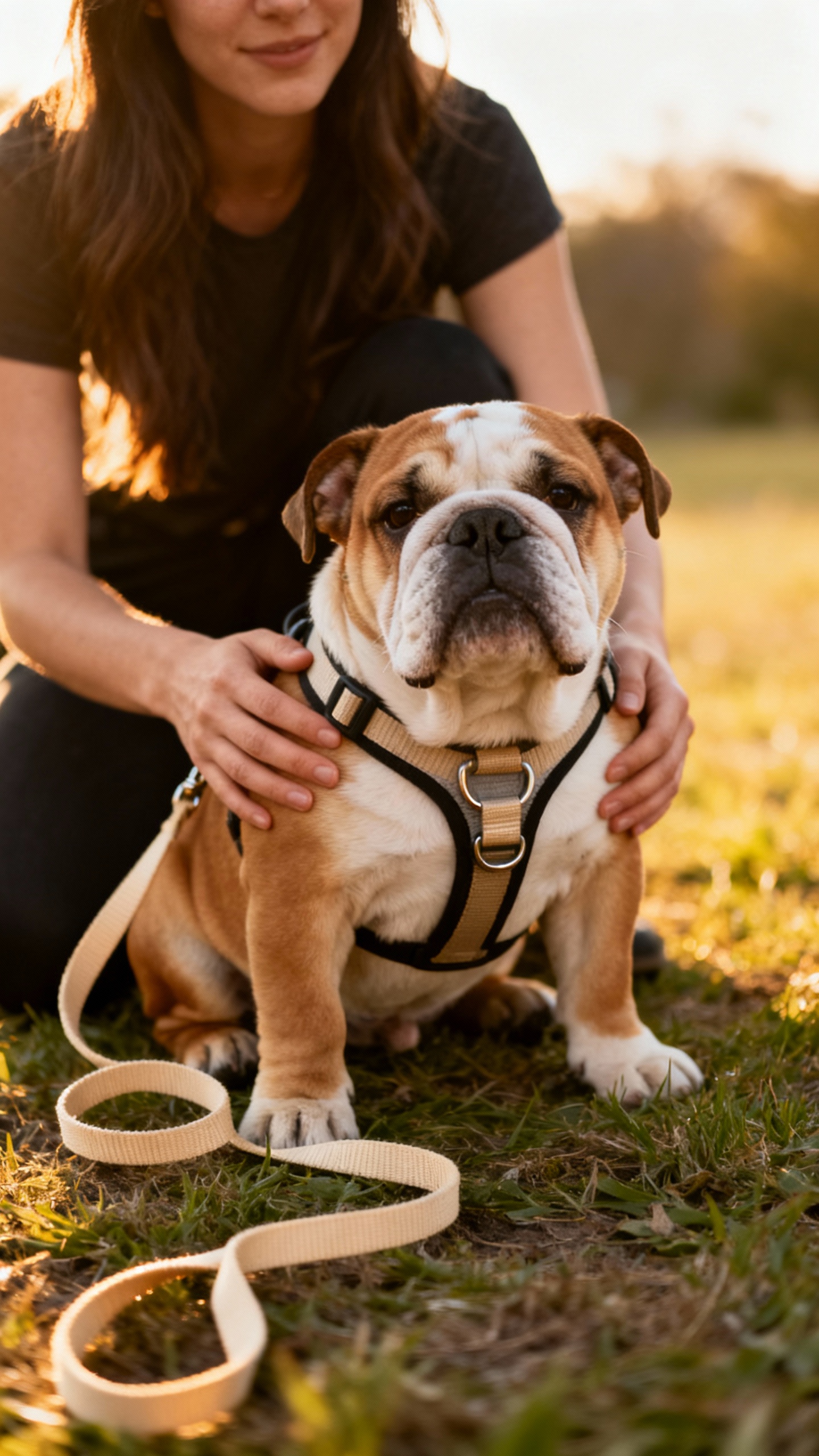 Female kneeling, front-clip harness on bulldog puppy, light leash