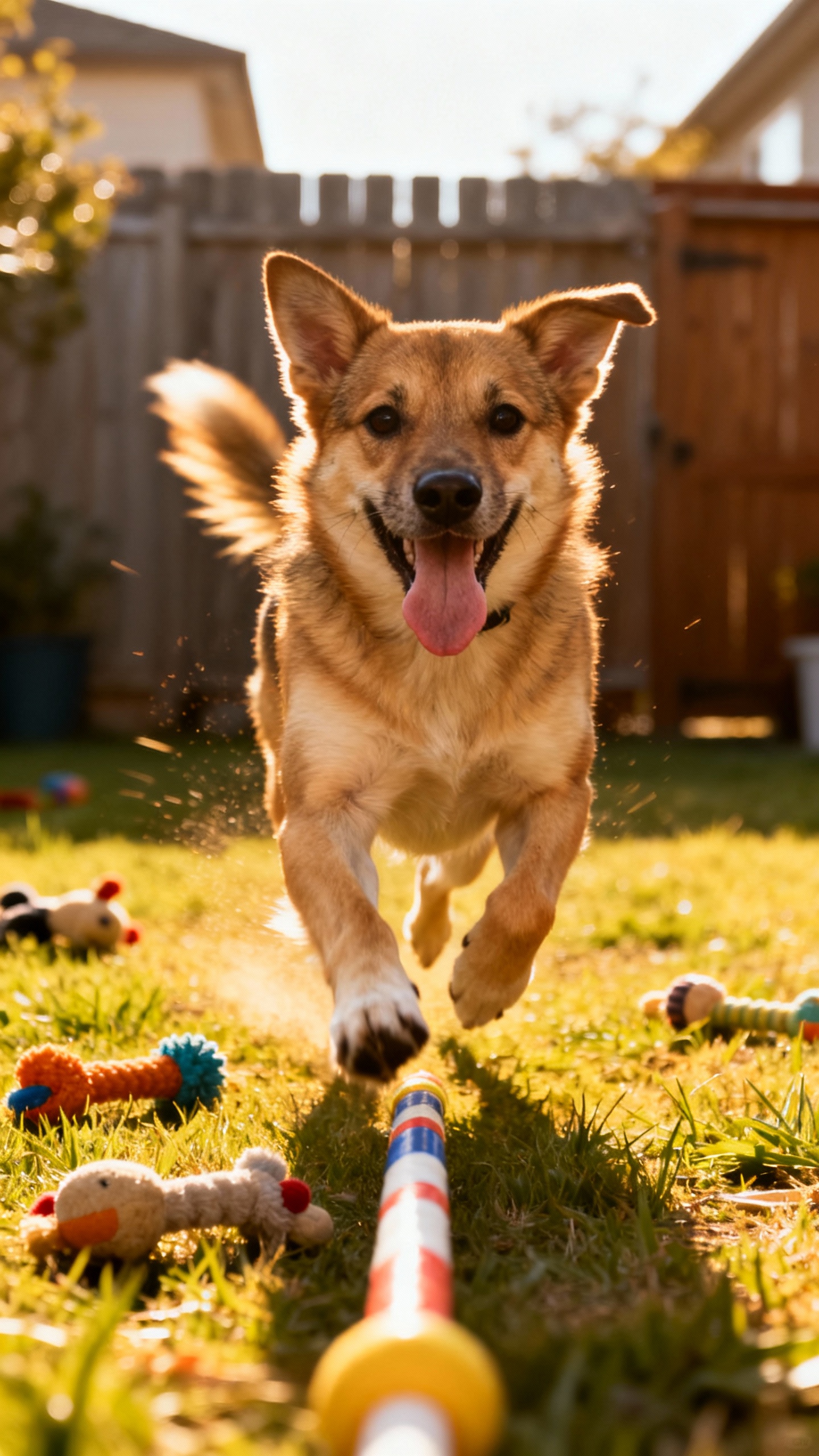 Flirt pole chase in backyard, medium dog mid-sprint, tongue out