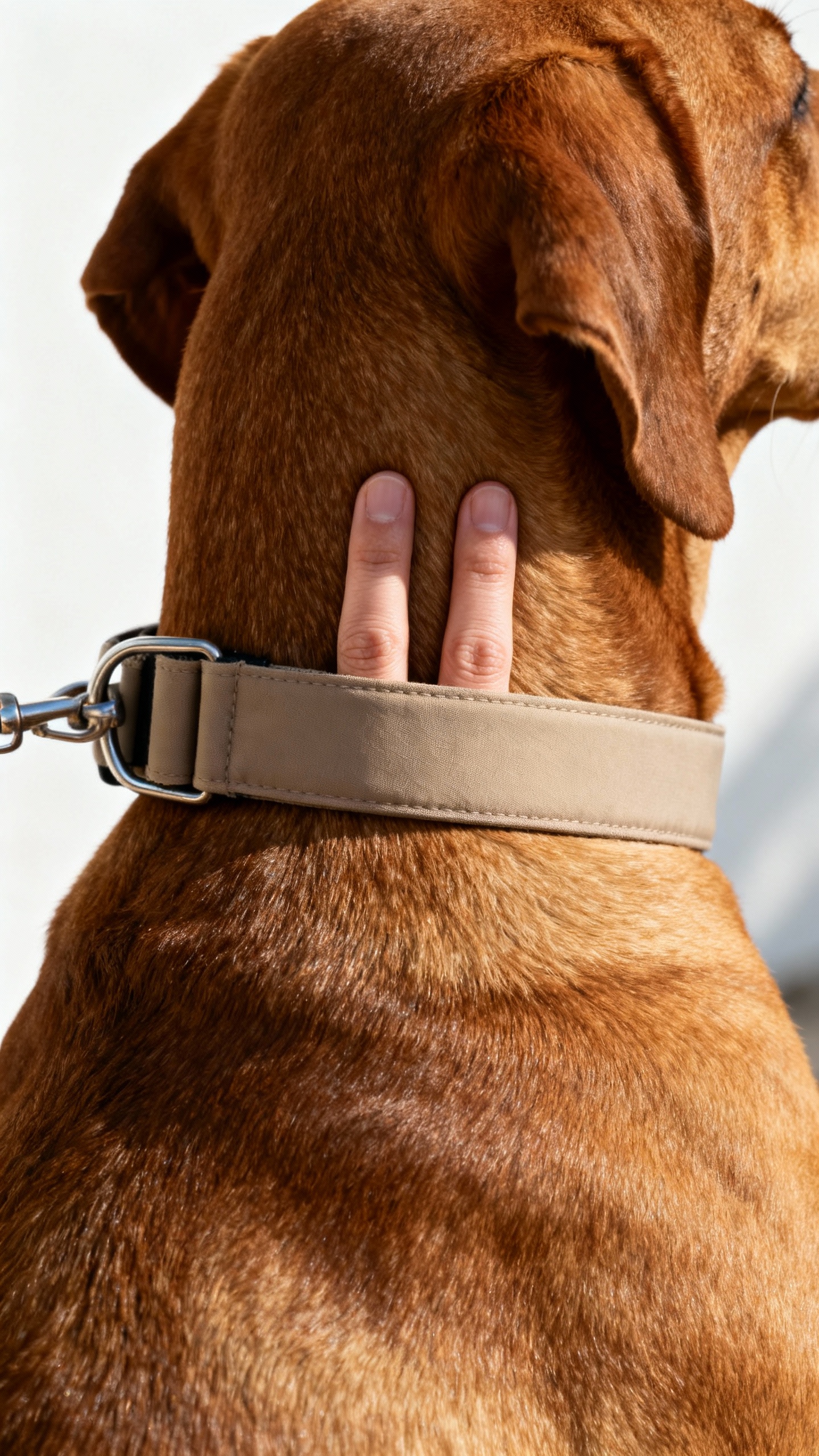 Front-clip harness fitted on medium brown dog, two-finger collar check