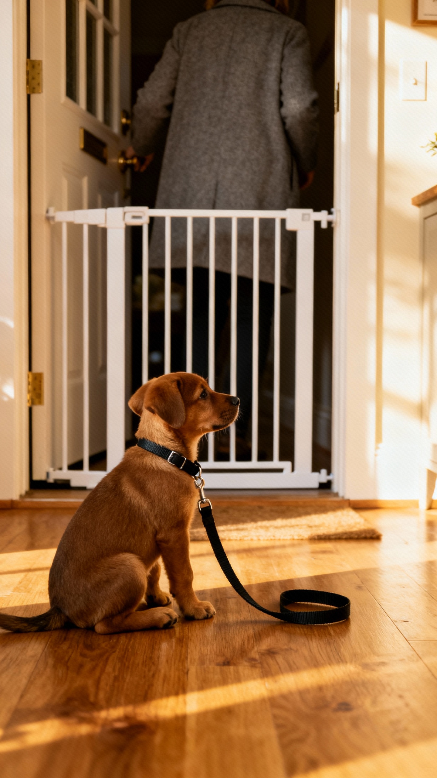 Front door scene, puppy sitting calmly on leash, guest entering quietly, baby gate visible