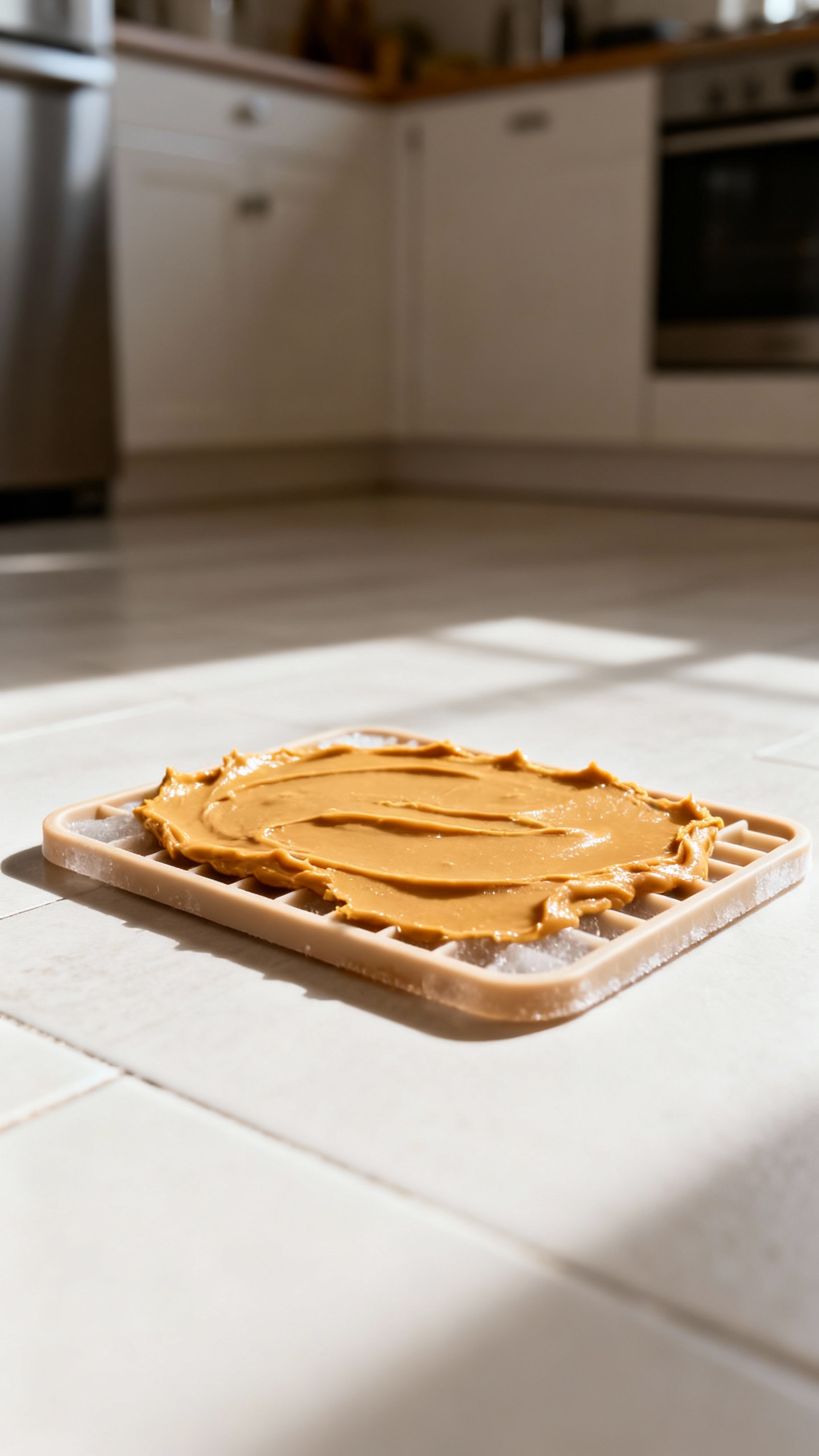 Frozen lick mat with peanut butter on kitchen floor, overhead shot