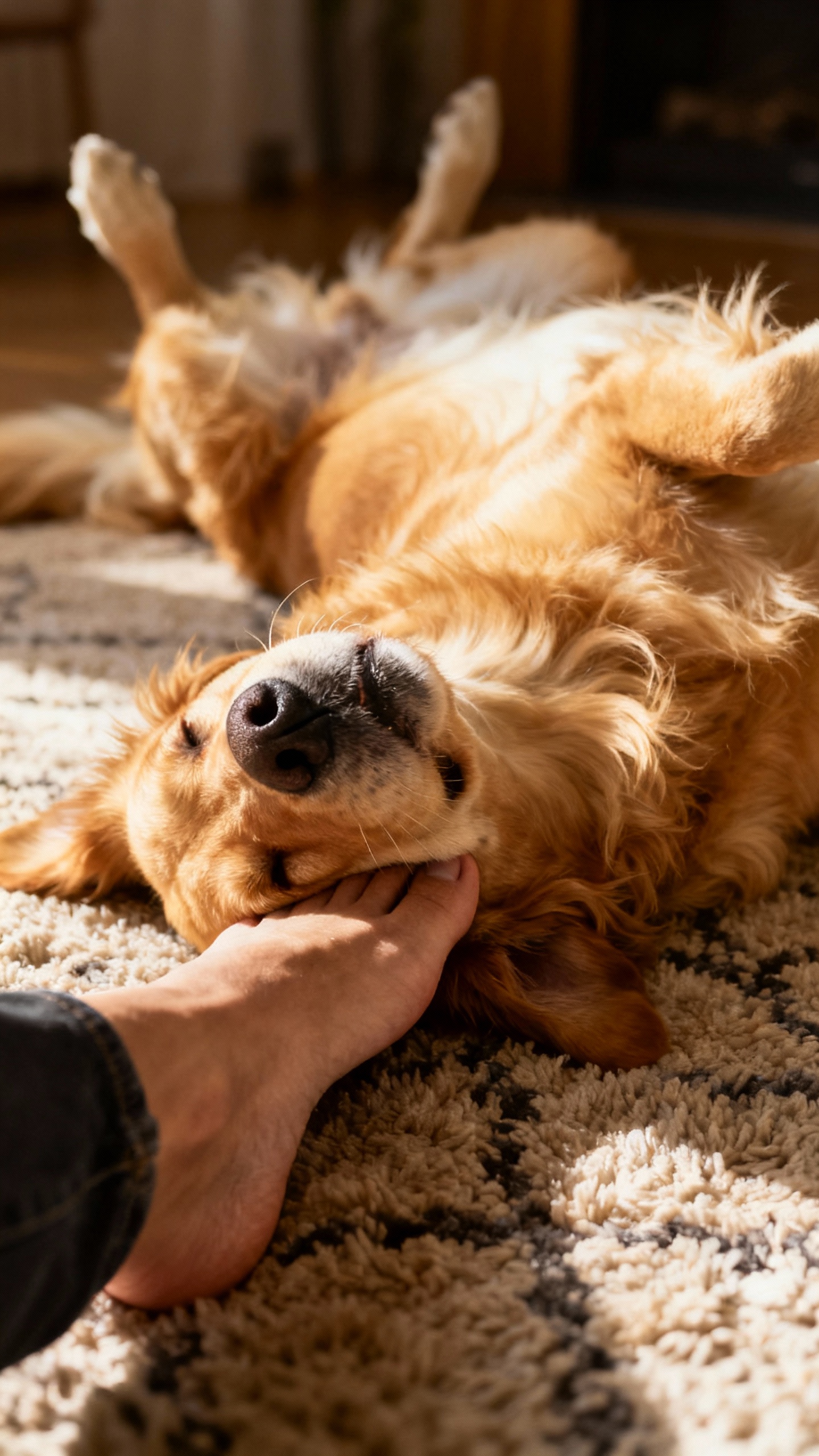 Golden retriever belly-up sleeping, chin on owner’s foot, cozy rug