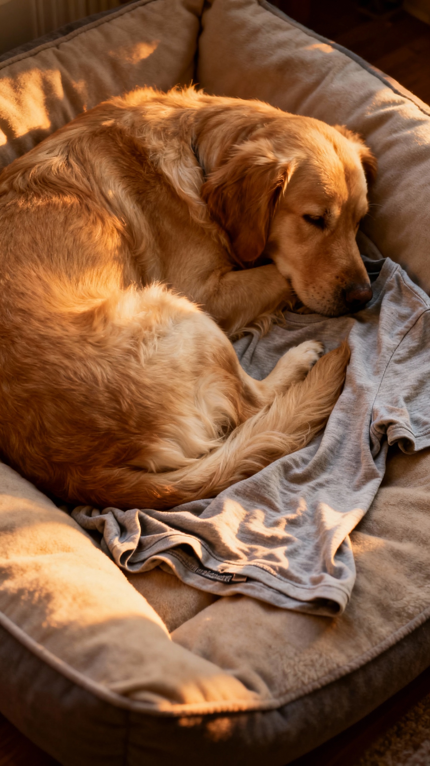 Golden retriever curled on unwashed T‑shirt on dog bed, evening