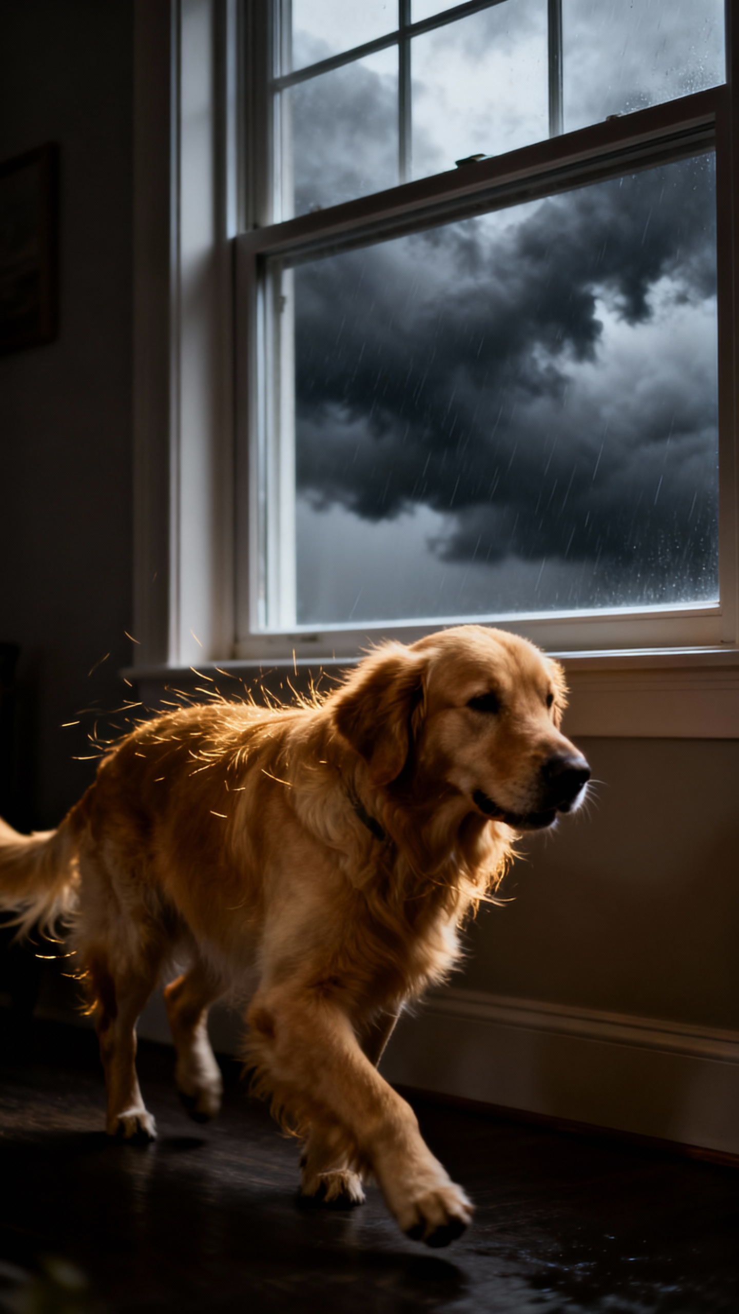 Golden retriever pacing near window, dark storm clouds, static-raised fur