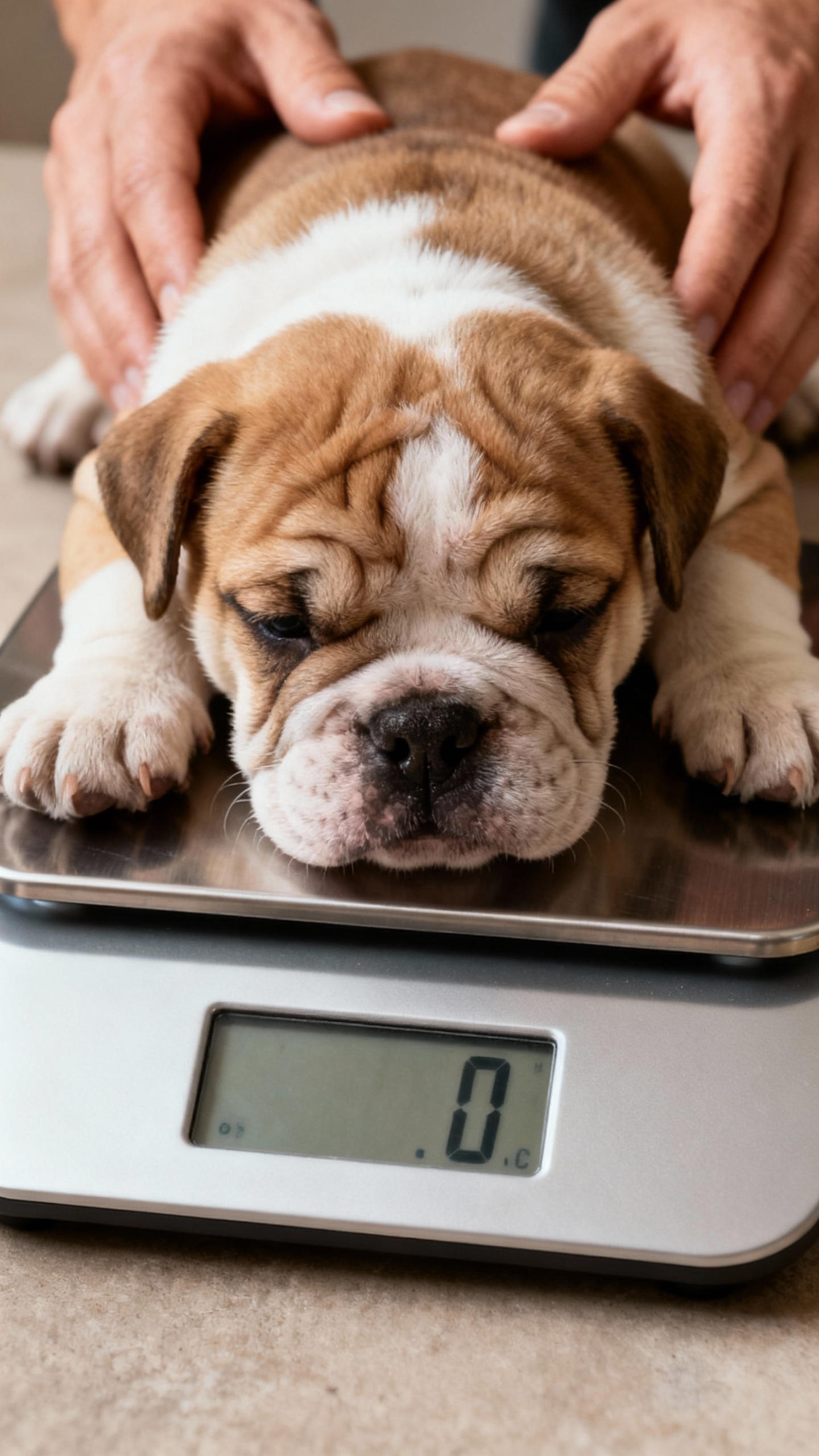 Gram scale reading, tiny bulldog puppy weighed, human hands