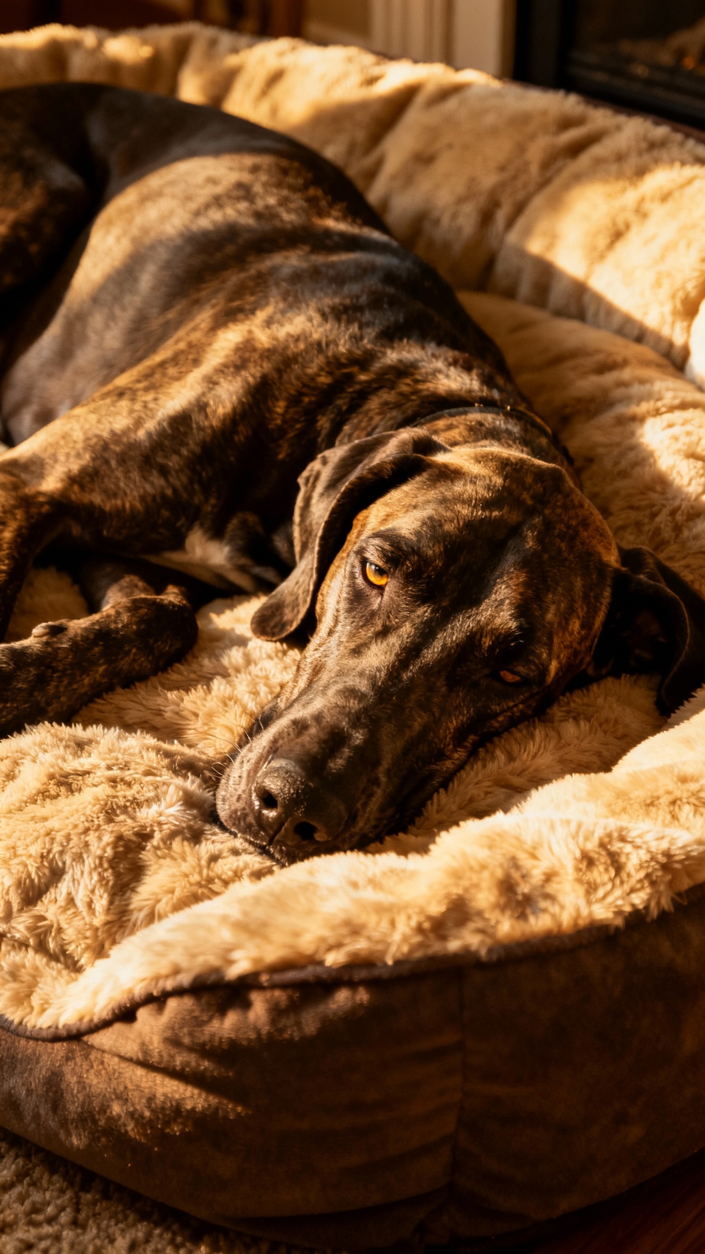 Great Dane sprawled on cozy dog bed, REM eye flicker