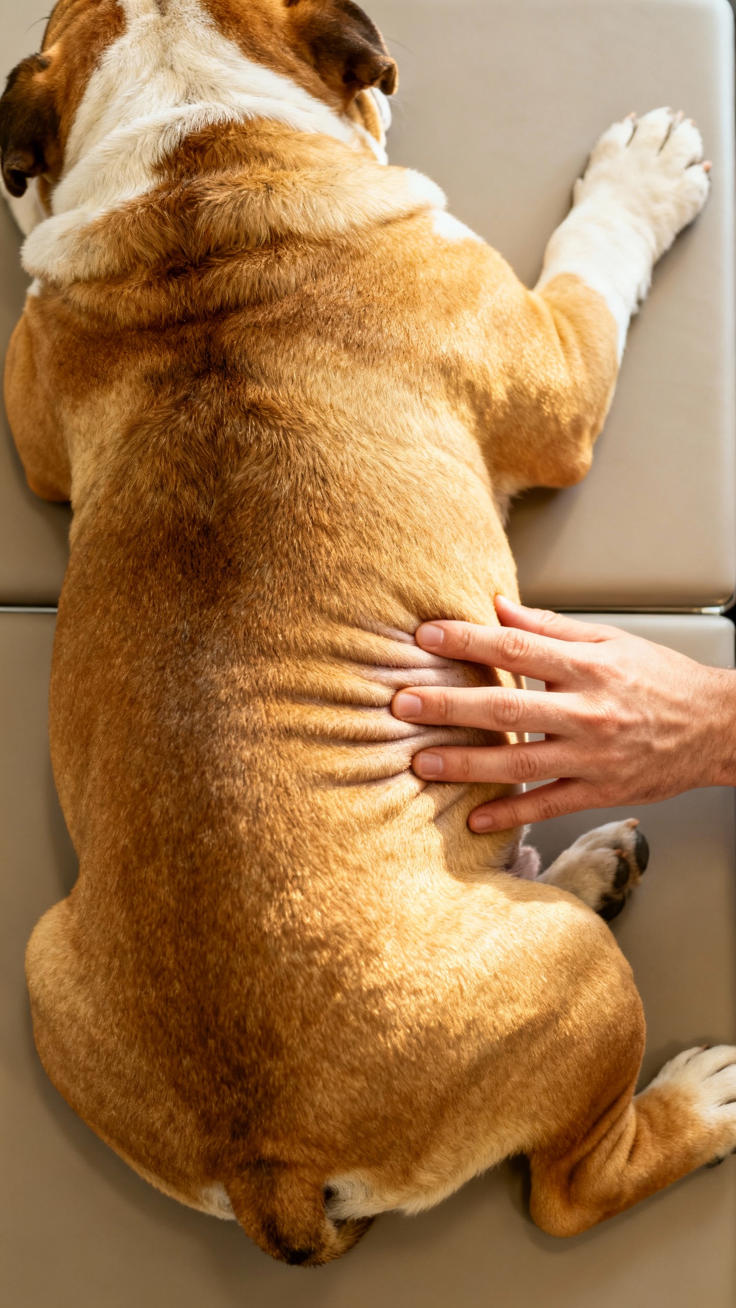 Hand checking bulldog puppy ribs and waist, overhead view