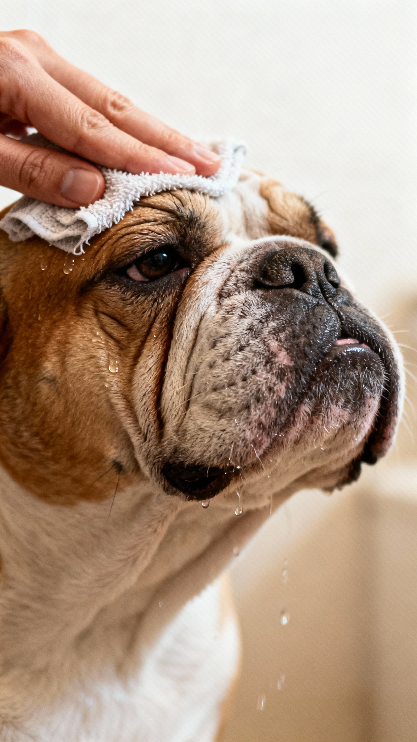 Hand cleaning bulldog face wrinkles with damp cloth, closeup