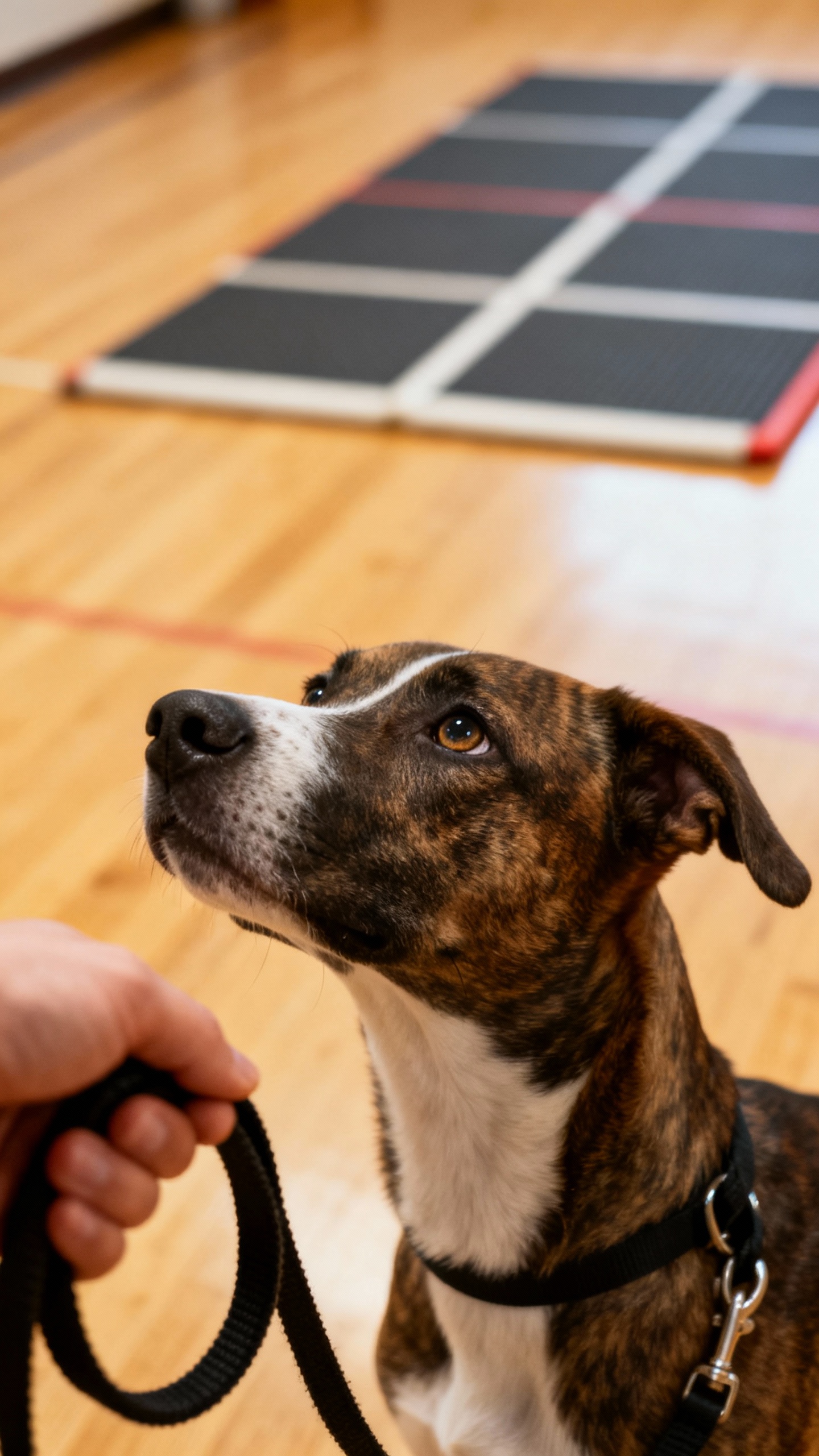 Hand holding leash, focused dog glance upward, indoor training