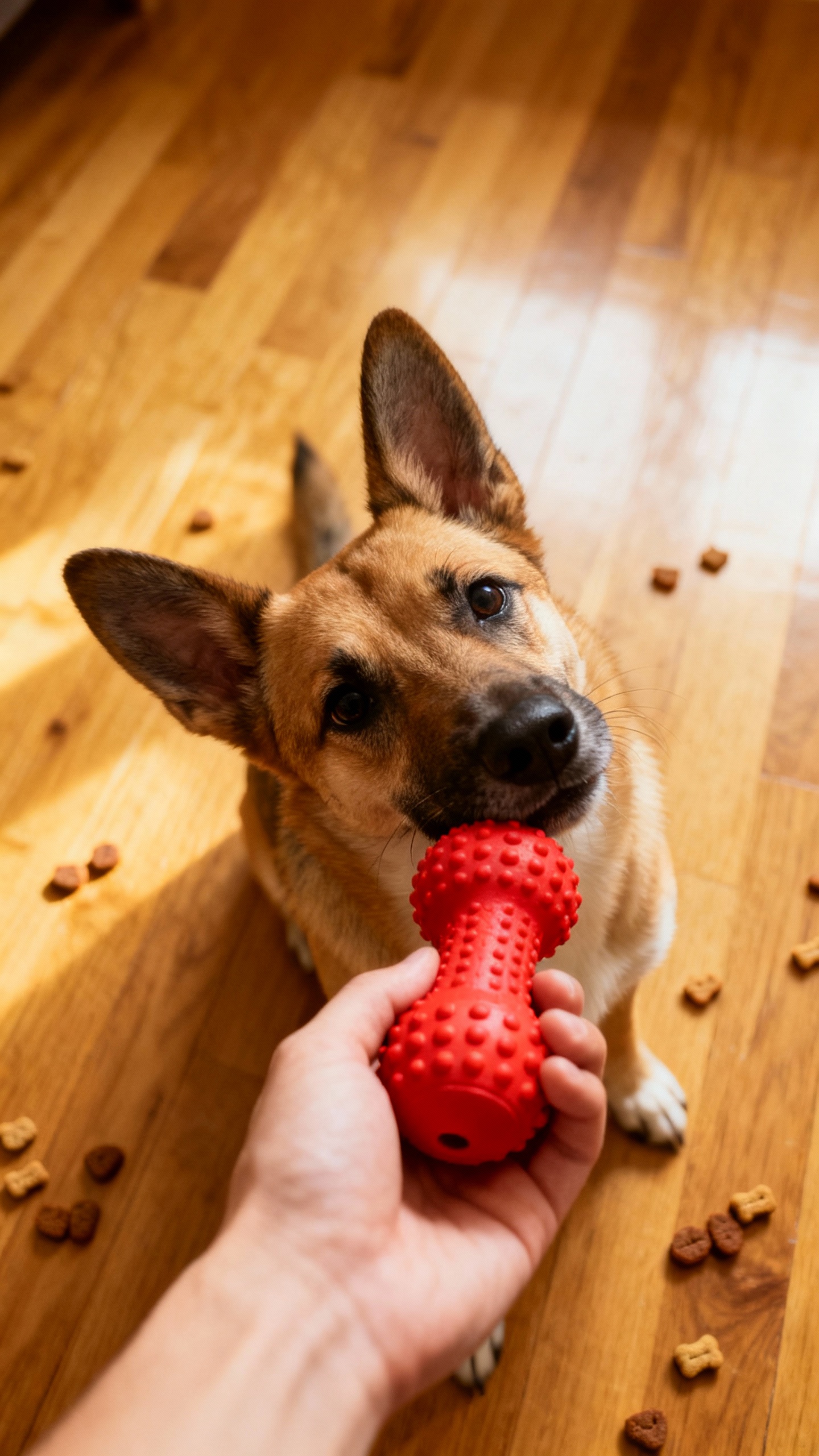 Hand holding red squeaky toy, dog tilting head, upright ears, hardwood floor, scattered training tre