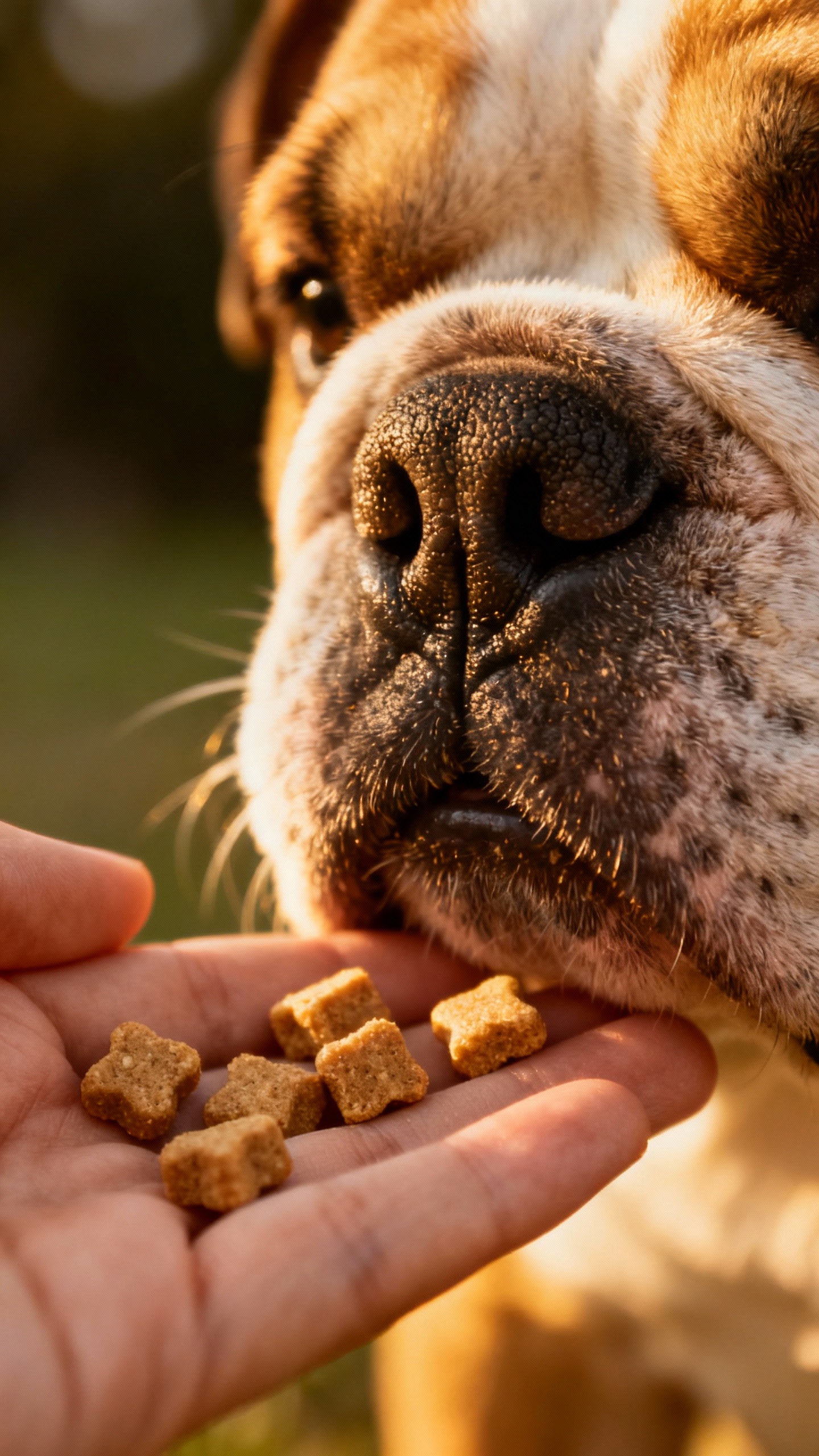 Hand offering tiny soft treats, bulldog puppy nose closeup