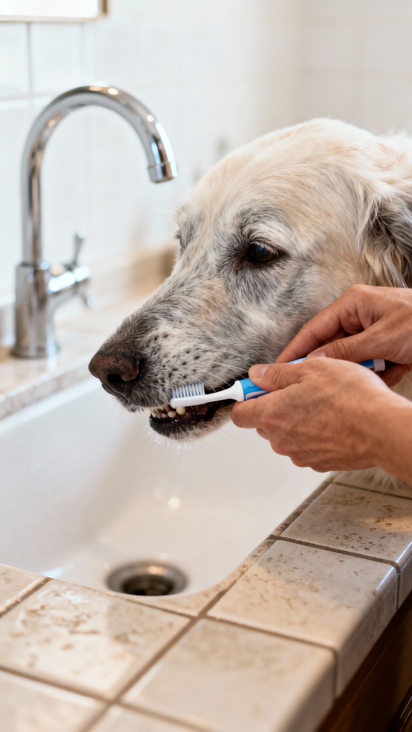 Hands brushing senior dog’s teeth with dog toothpaste, bathroom sink