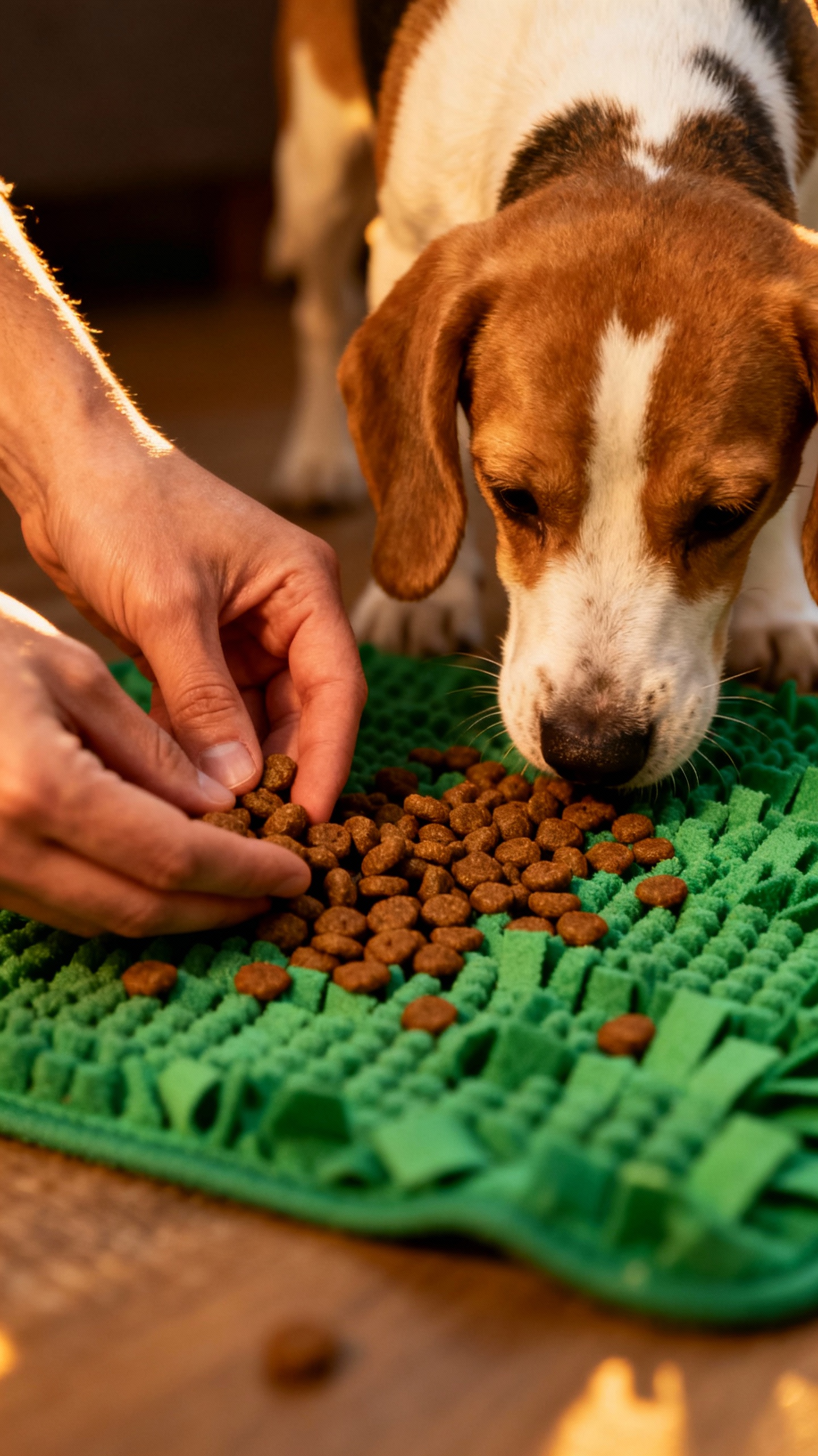 Hands scattering kibble on green snuffle mat, nose-down beagle puppy sniffing
