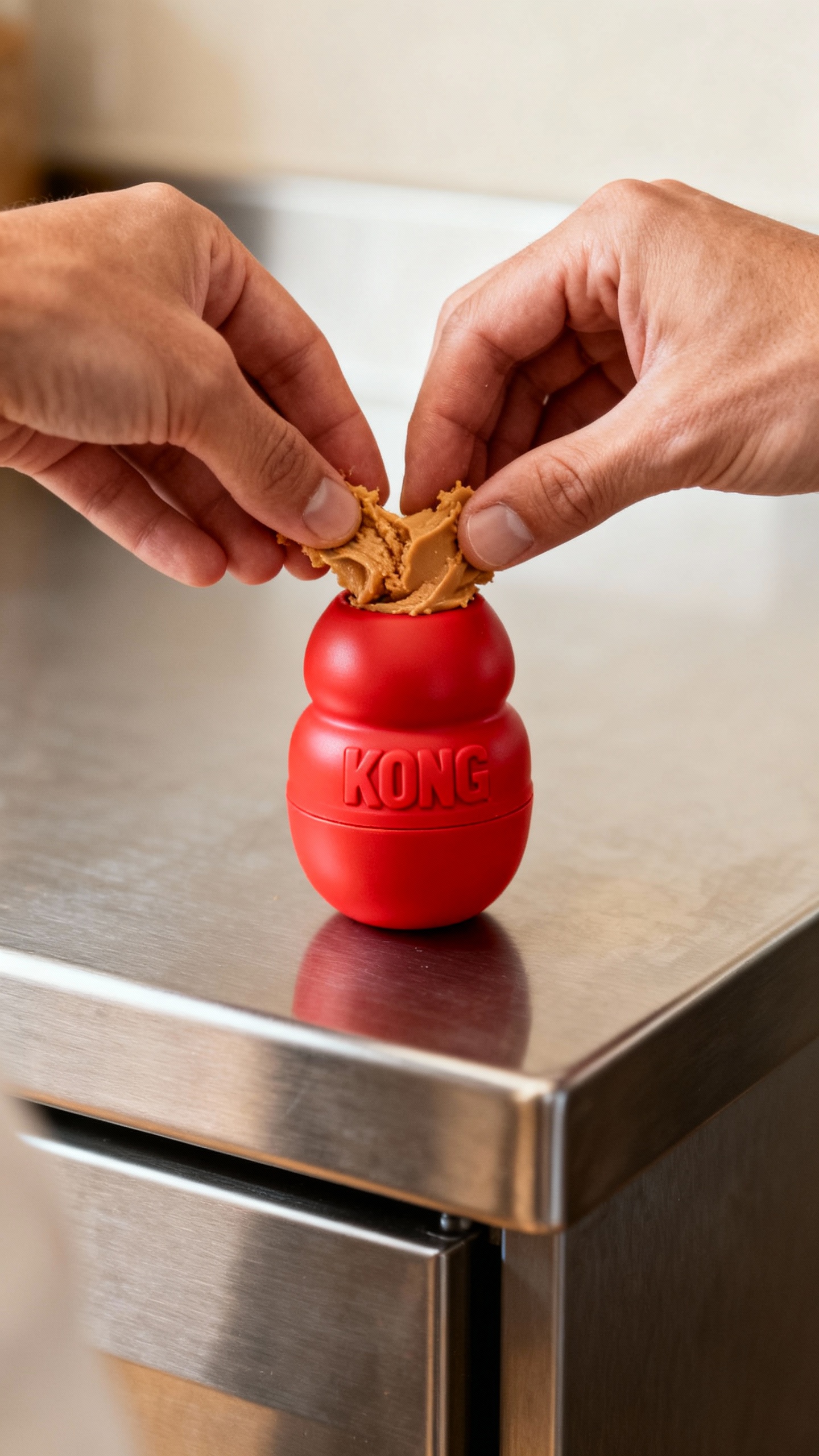 Hands stuffing peanut butter into red Kong, stainless counter