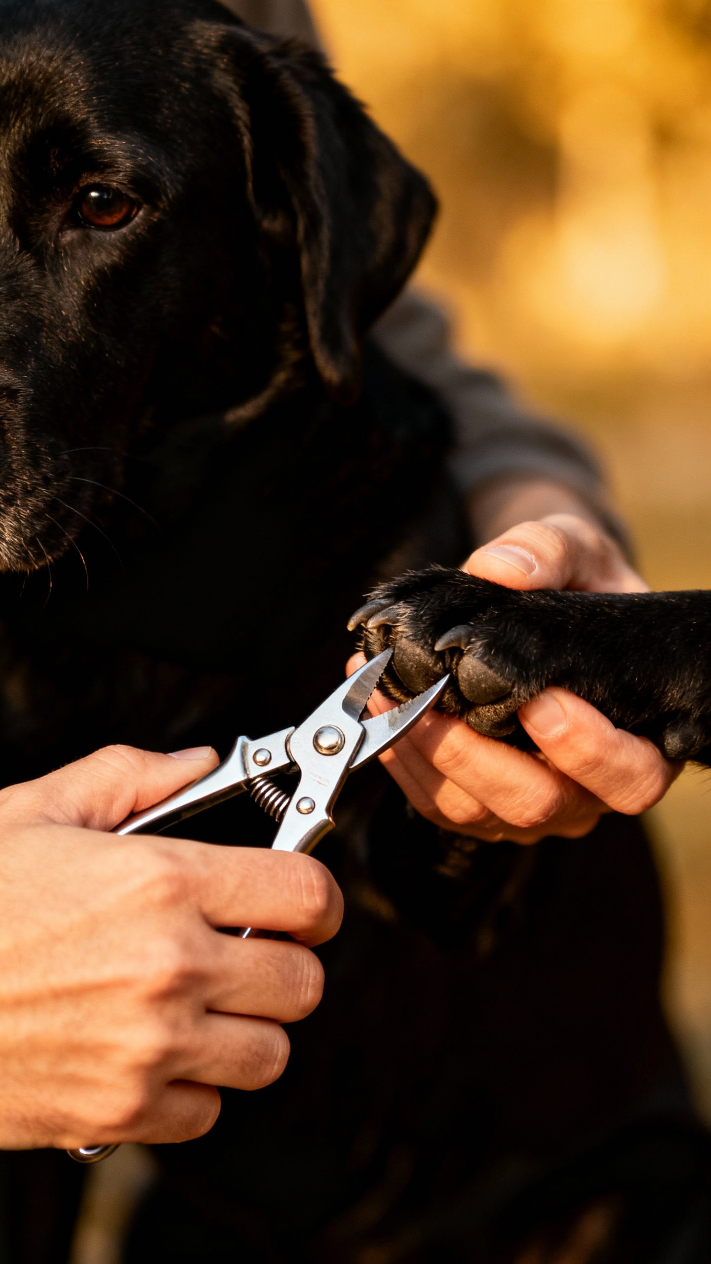 Hands trimming black dog’s nails, silver clippers, paw gently held