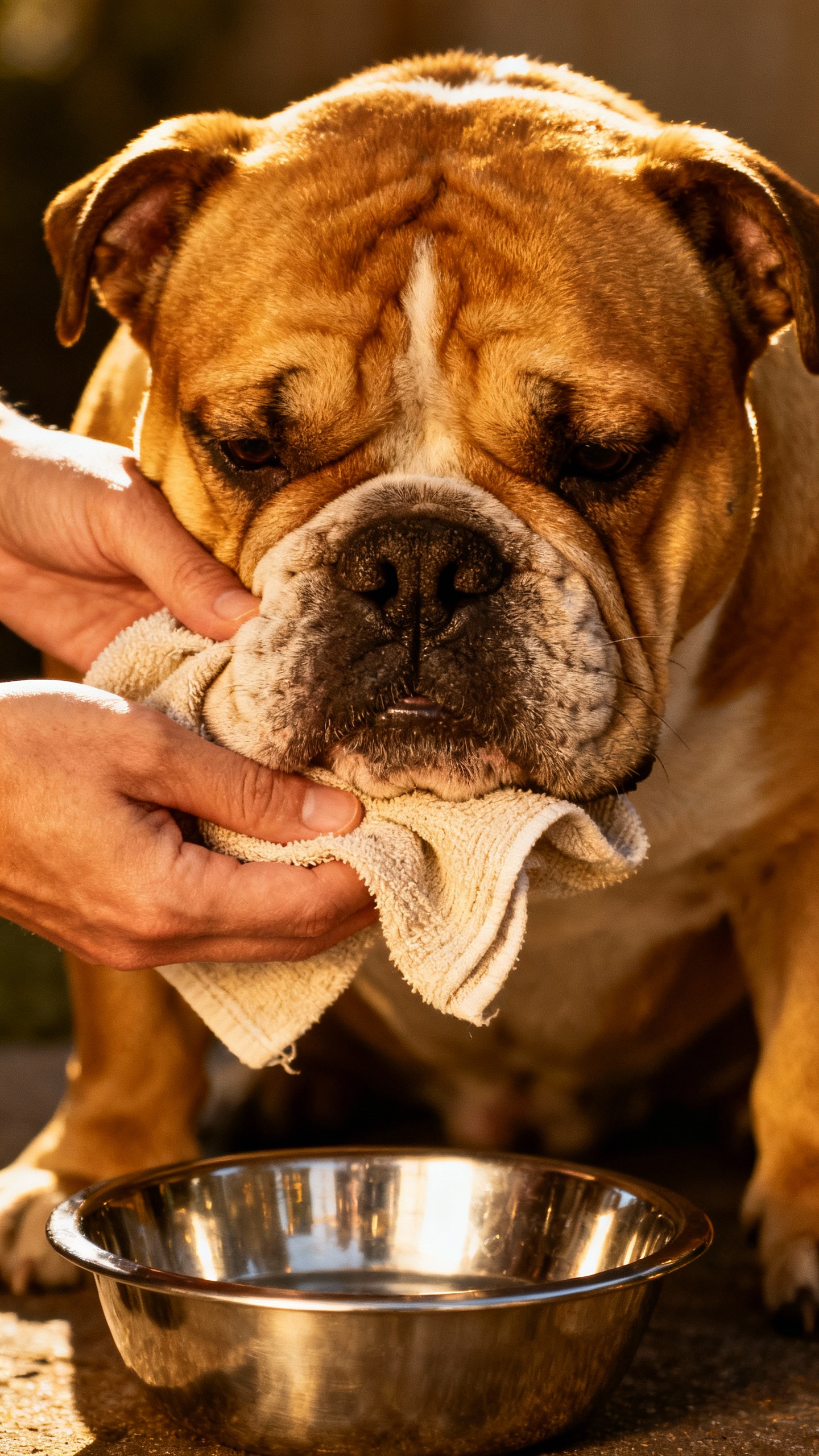 Hands wiping bulldog face folds with cloth, stainless bowl nearby