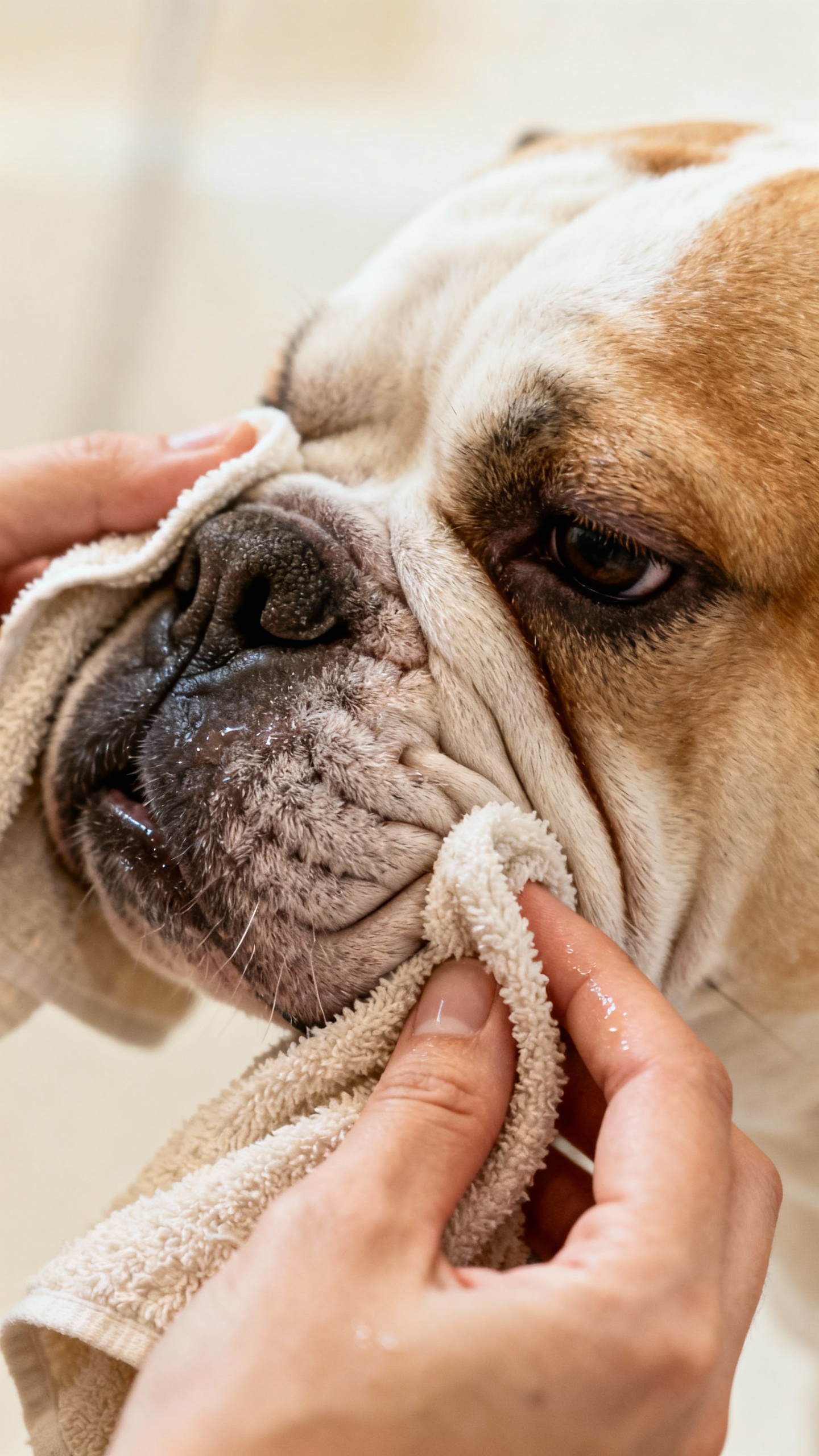 Hands wiping bulldog face folds with damp cloth, drying carefully