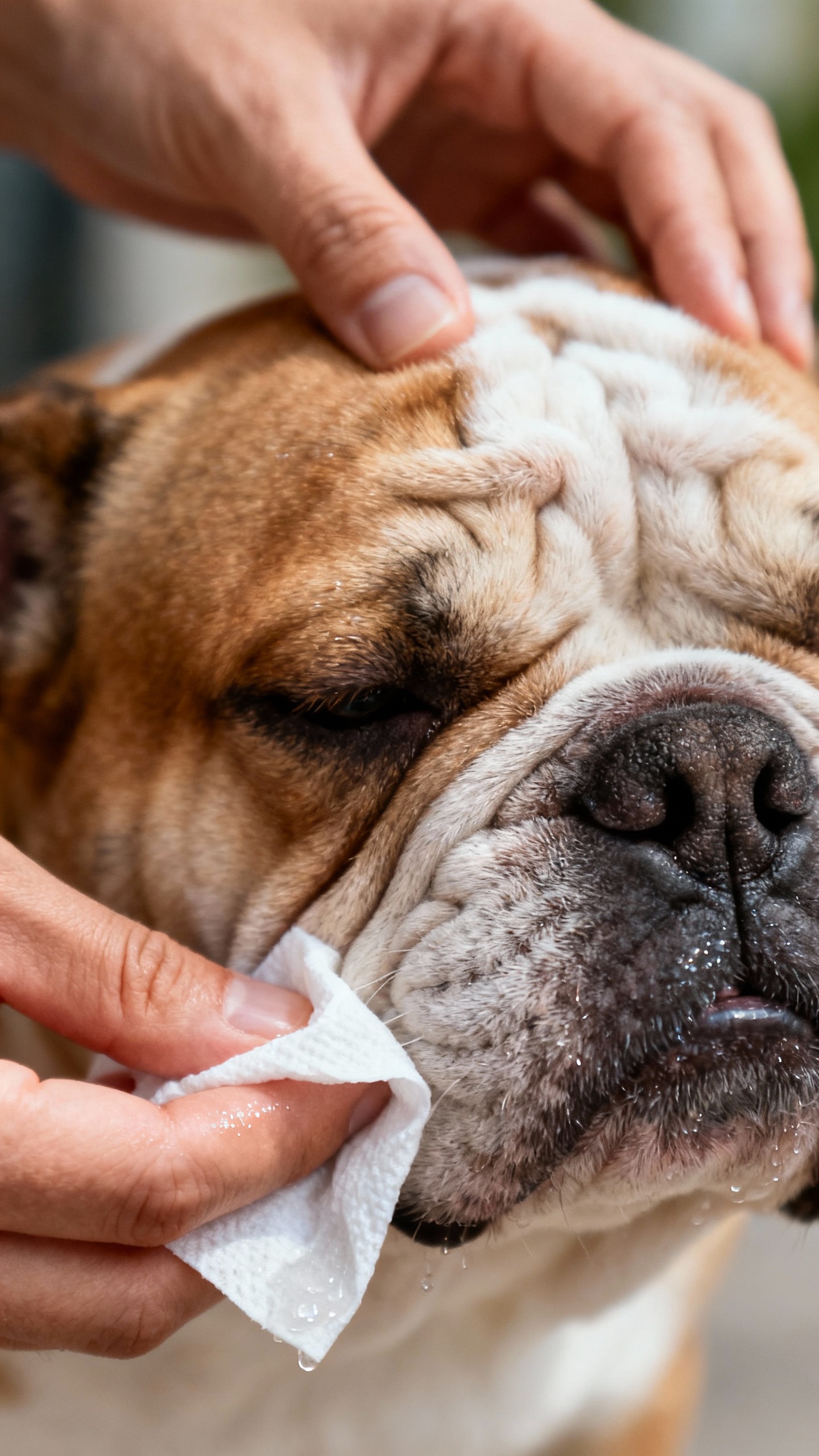 Hands wiping bulldog facial folds with wet wipe, closeup