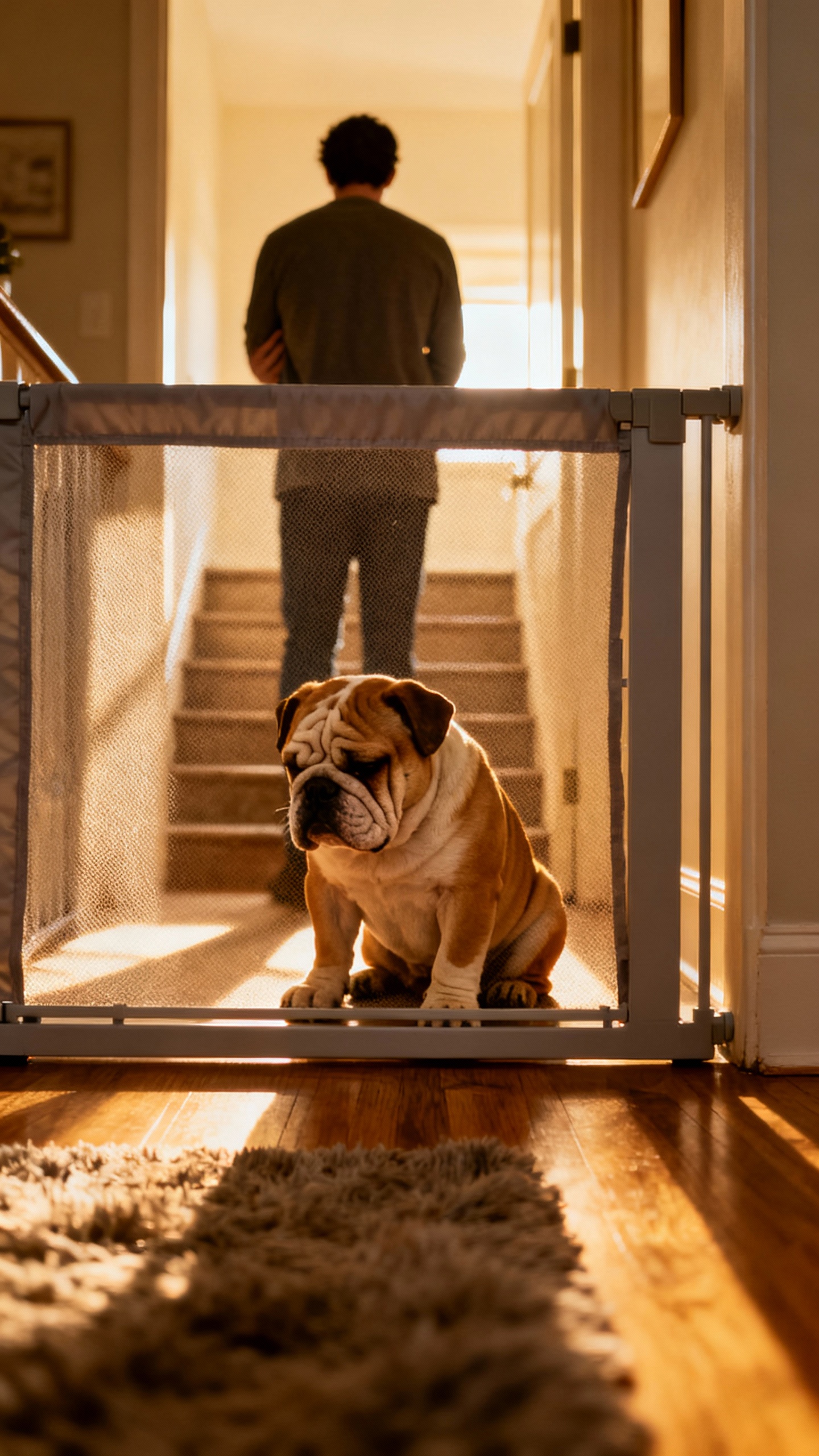 Indoor baby gate timeout scene, bulldog puppy behind, owner turned away