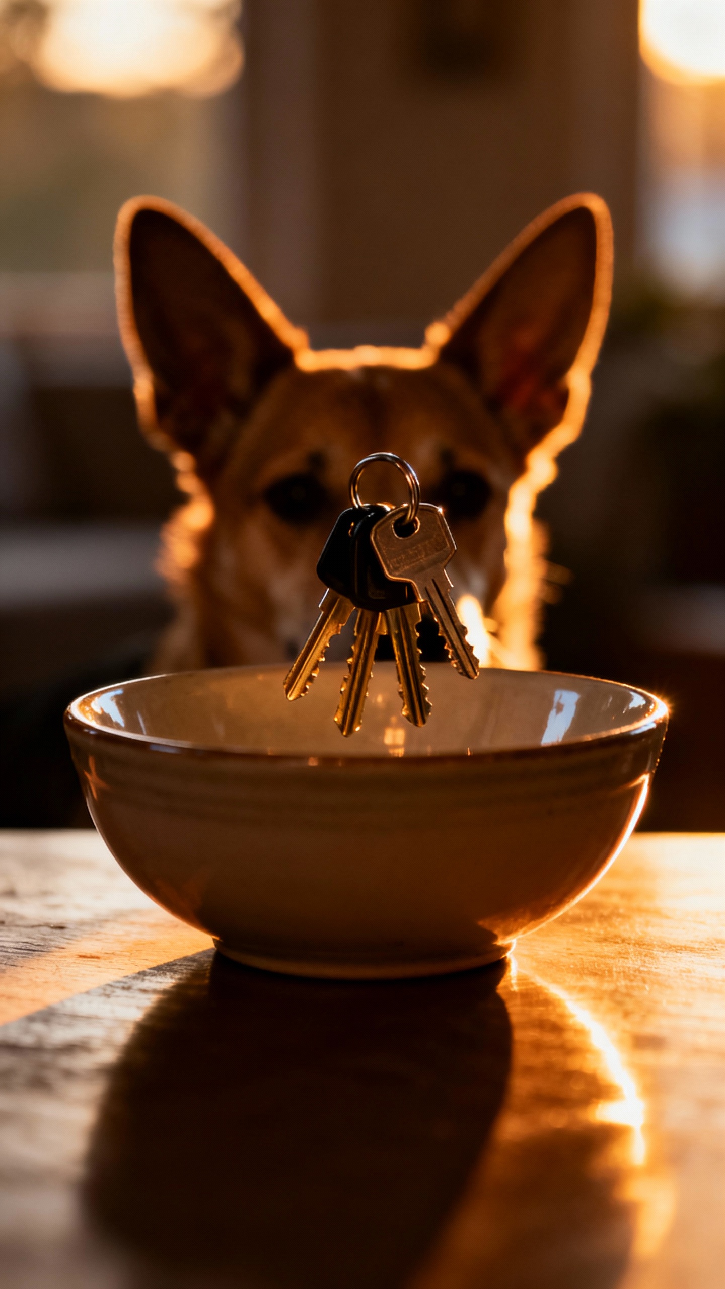 Keys dropping into ceramic bowl, dog’s pricked ears, evening light