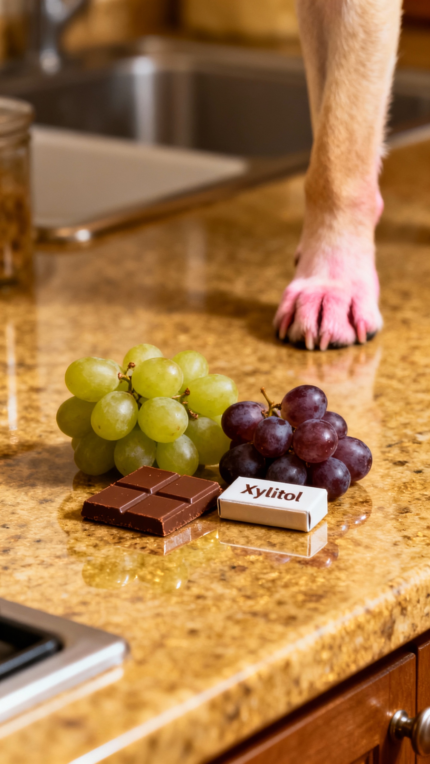 Kitchen counter closeup: grapes, chocolate, xylitol gum, warning distance dog paw