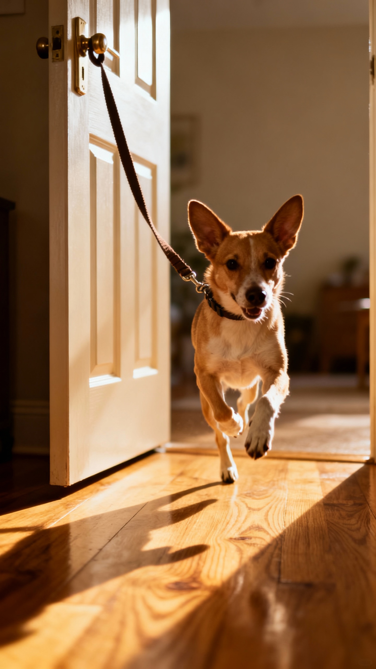 Leash lifted by door, dog prancing with perked ears, hardwood floor