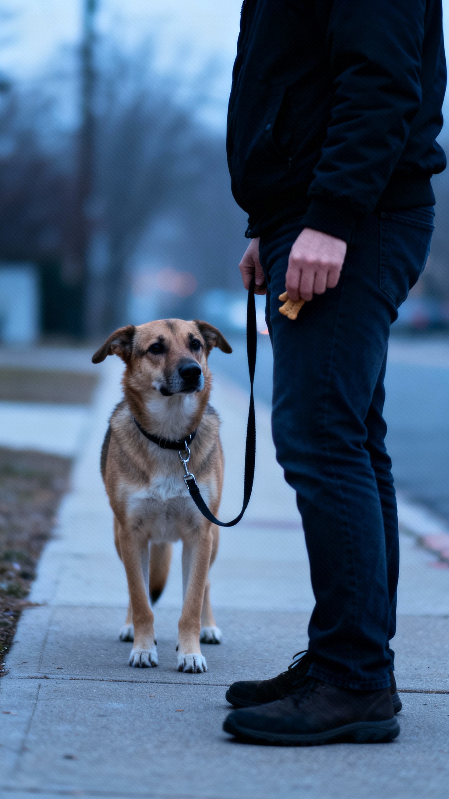 Leash slack moment on sidewalk, handler’s thigh-level treat hand, short lead, cool morning