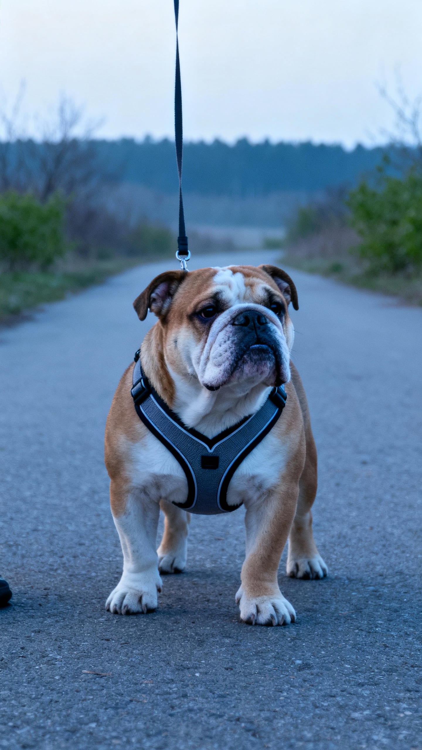 Leash training in cool morning, Y-harness on stocky bulldog, loose leash