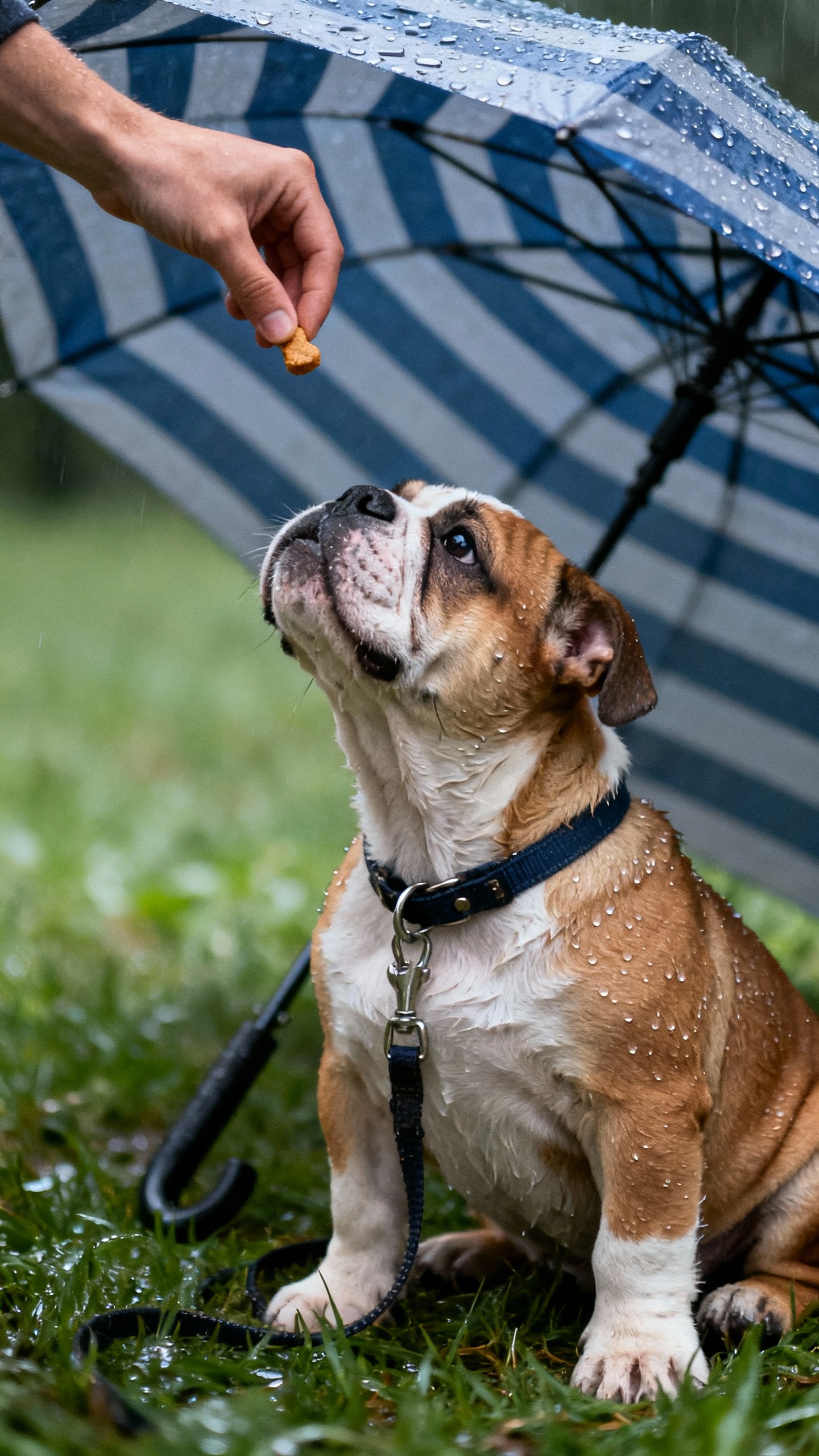 Leashed bulldog puppy on wet grass under umbrella, receiving tiny treat