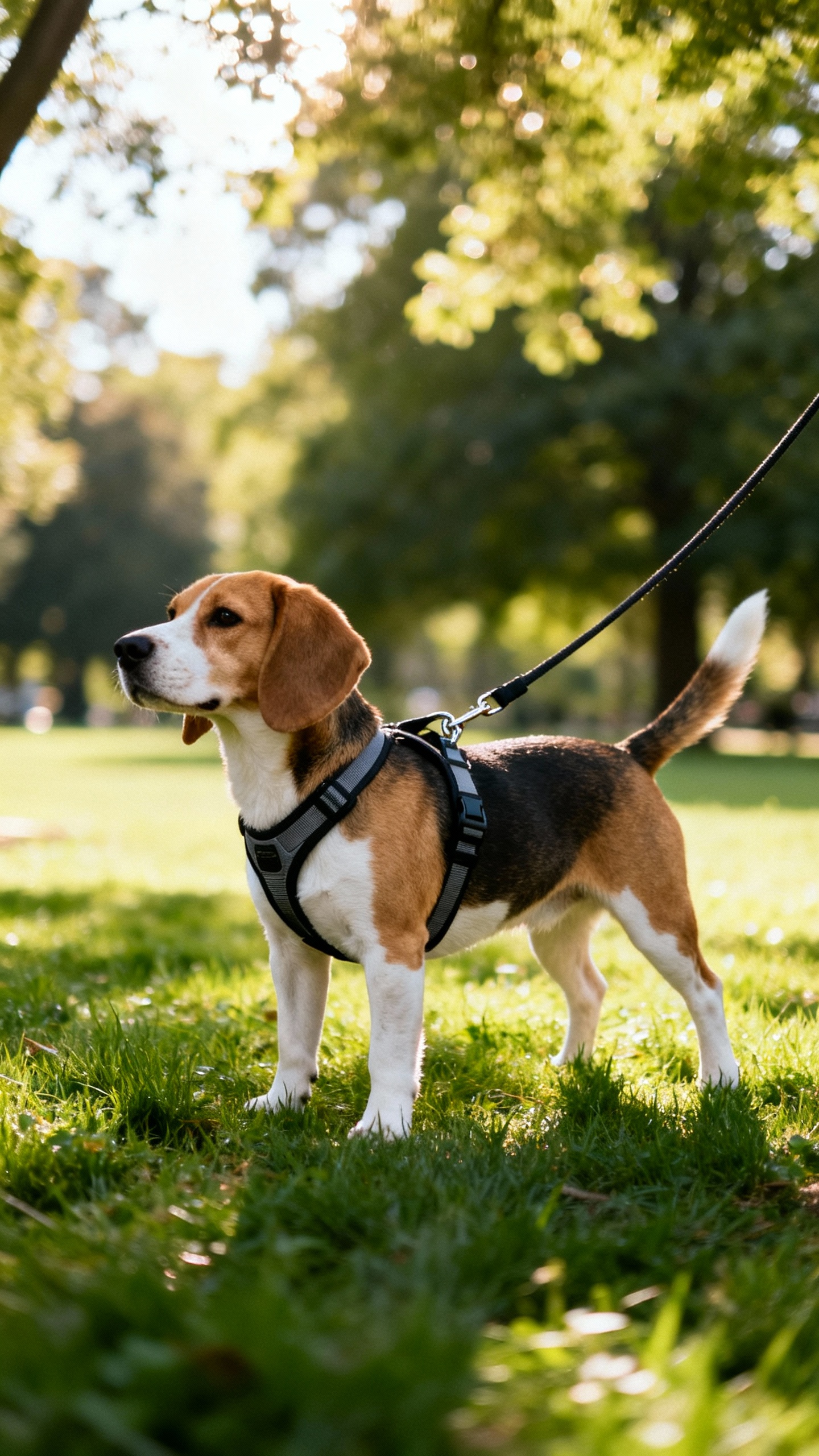 Long line clipped to no-pull harness on beagle, grassy park