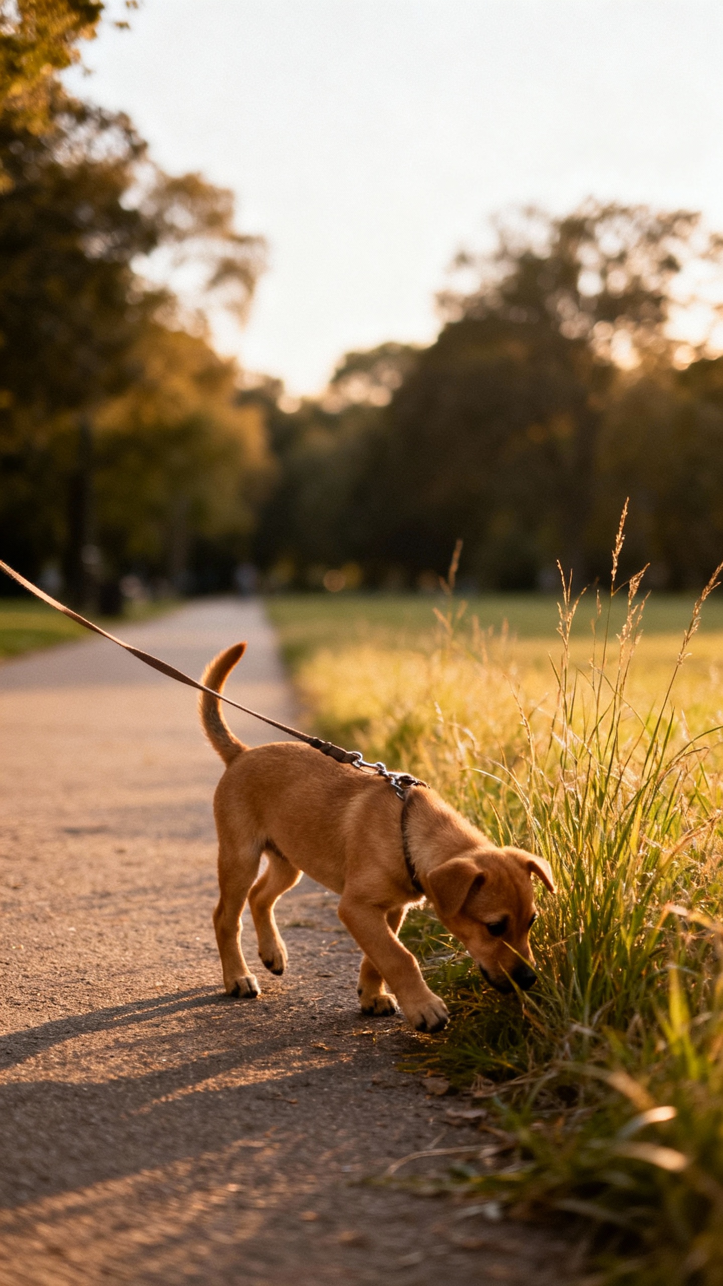 Long line decompression walk, tan puppy sniffing tall grass, loose leash, quiet park path