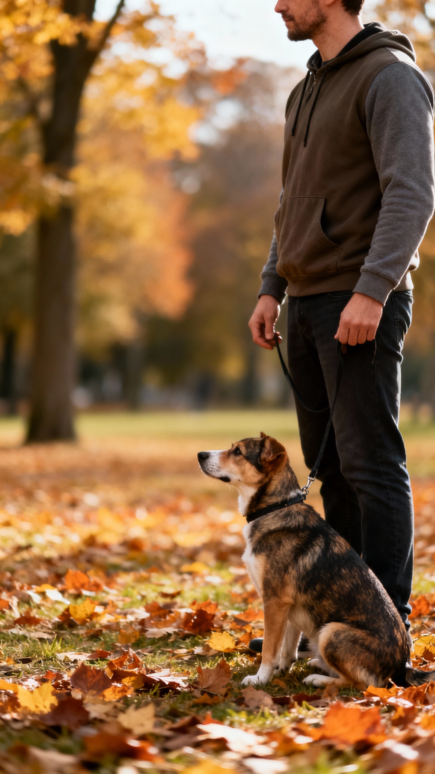 Long line recall practice in quiet park, male handler, mixed-breed dog, autumn leaves