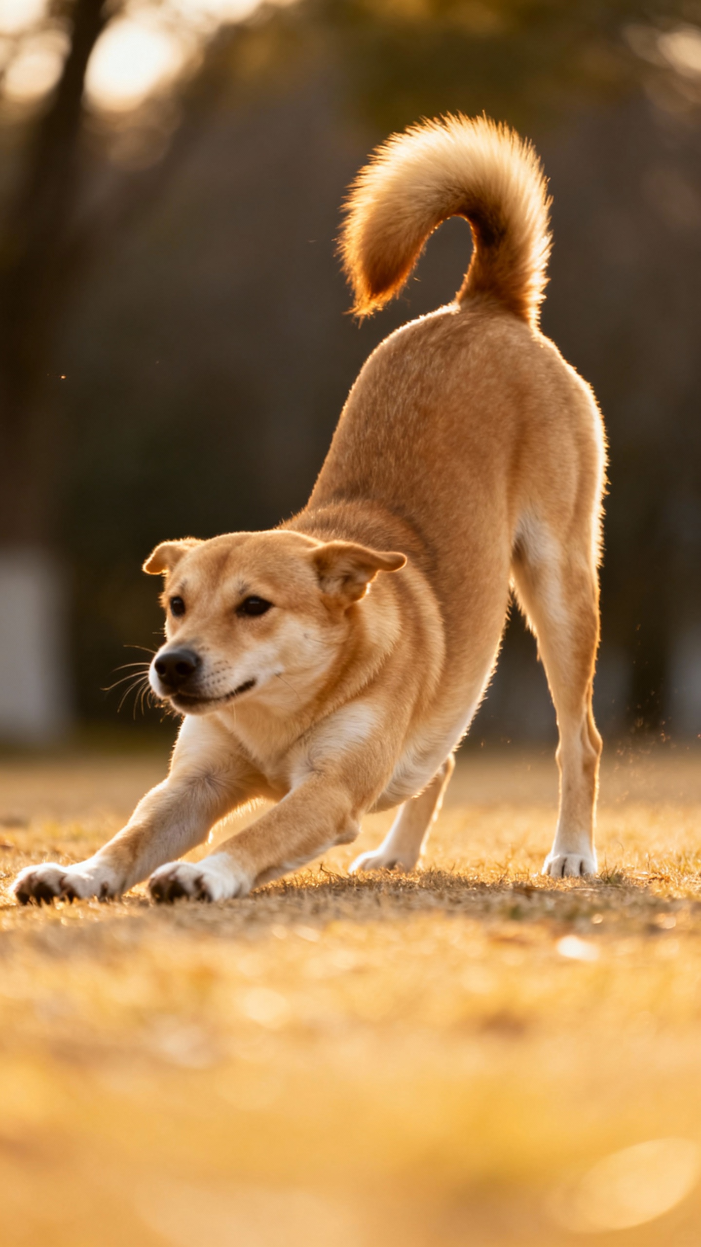 Low-angle shot of play bow, front legs stretched, butt up