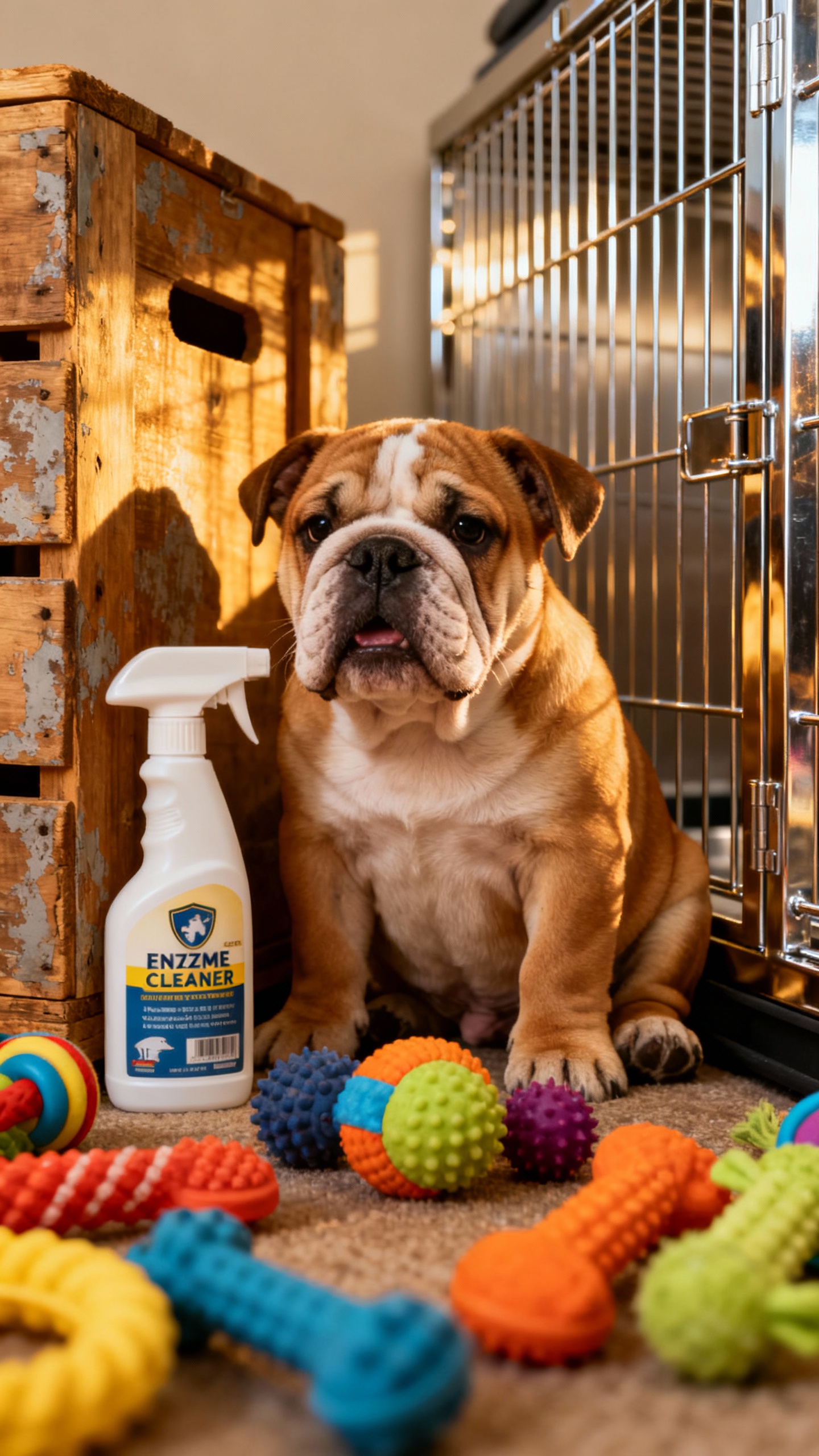 Male bulldog puppy sitting by crate and playpen, chew toys, enzyme cleaner bottle nearby